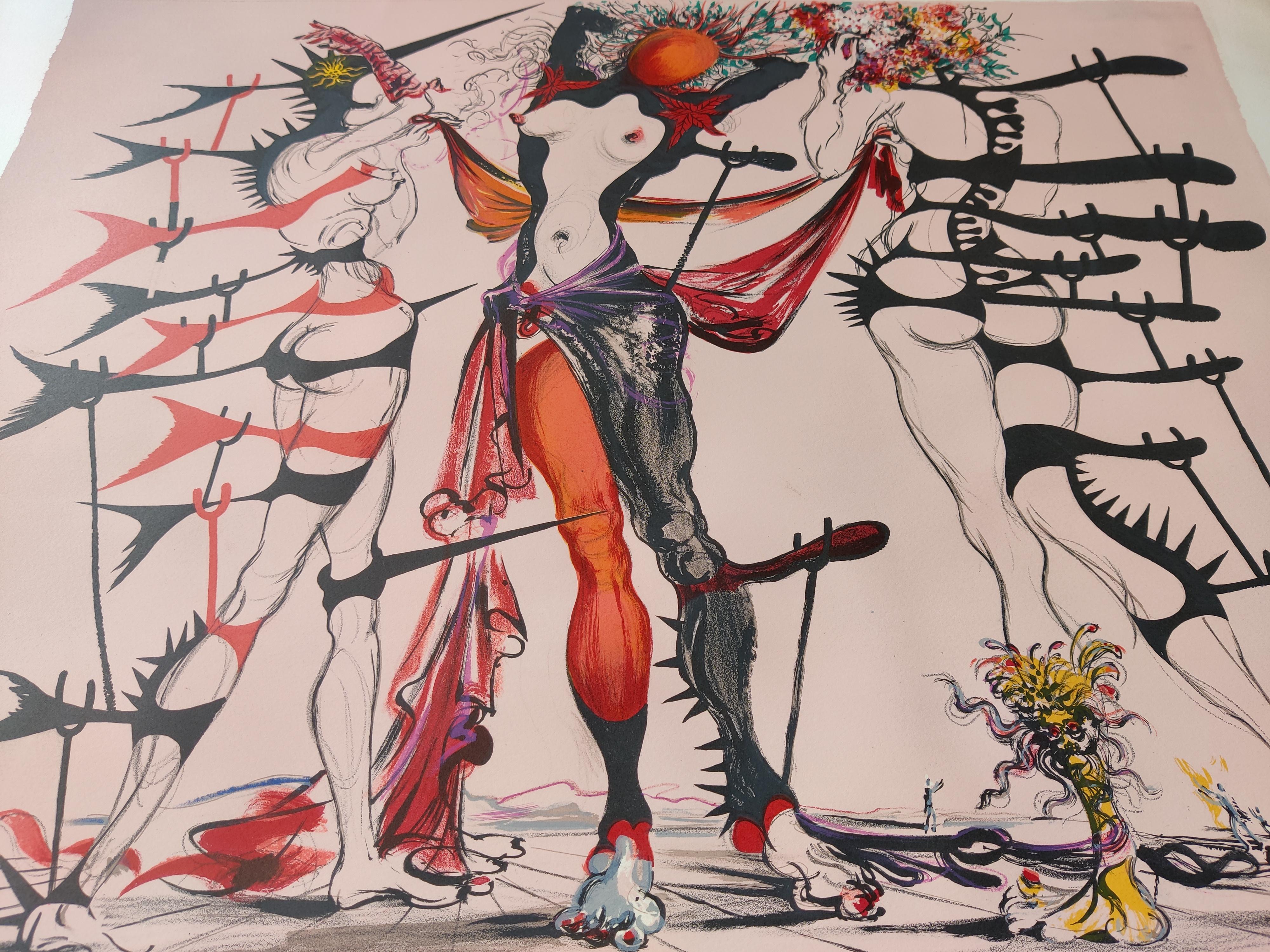 Salvador Dalì
Femmes fleurs, 1970
Litografia a colori
Firmato a mano in basso a destra
Numerato 94/150
Dimensioni dell'immagine 51,5 x 66 cm
Dimensioni del foglio 56,5 x 76 cm
Stampato da Desjobert, Parigi. 
Pubblicato dal Musée de l'Athénée,