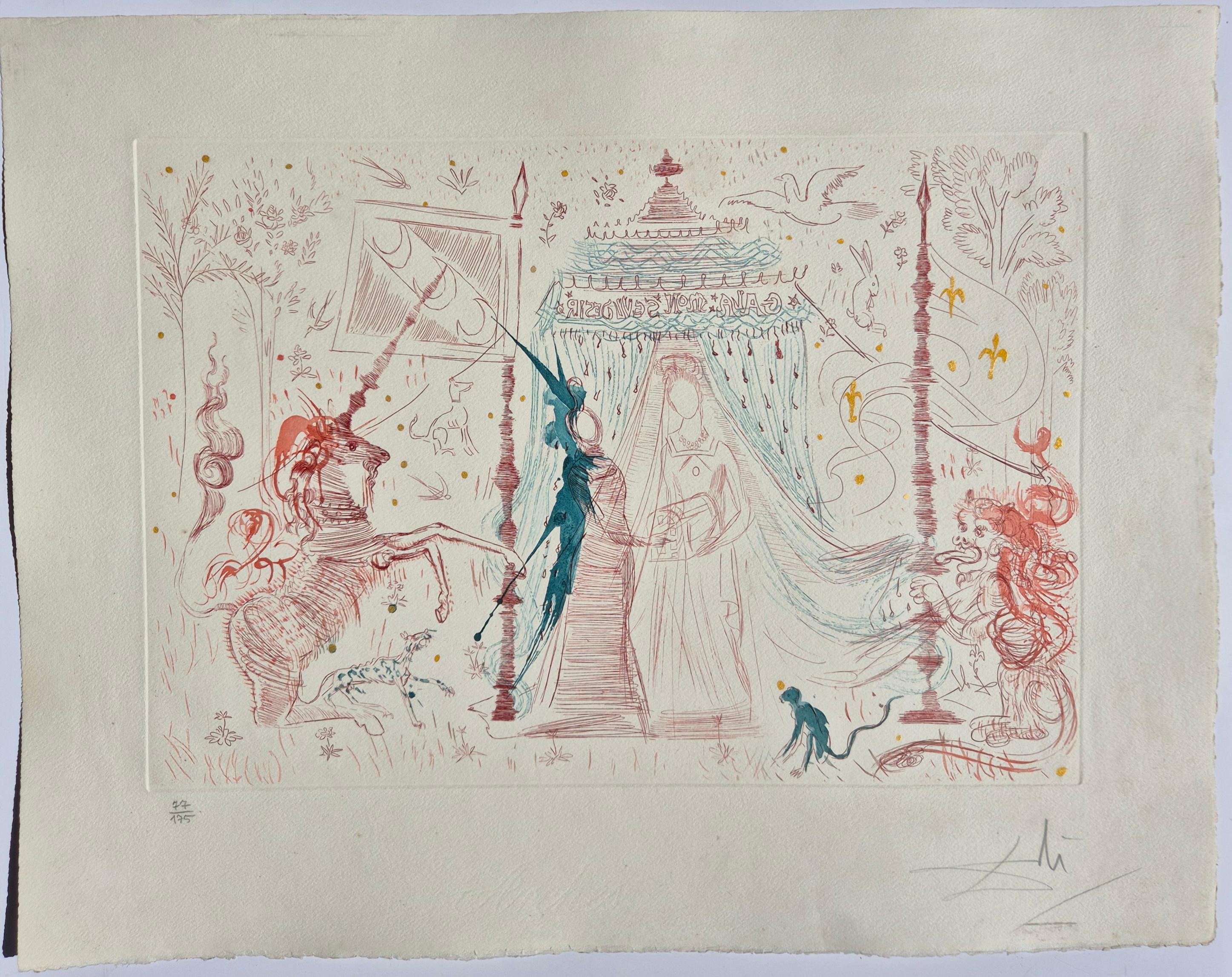  Salvador Dalí 
Gala Mon Seul Désir (La Dame La Licorne), 1965
Gravure à l
eau-forte 
Signé à la main en bas à droite
Numéroté 77/175 en bas à gauche
Taille de la feuille : 53 x 67 
Éditeurs : Jean Schneider/Bâle et Berggruen/Paris
Référence :  F65-6