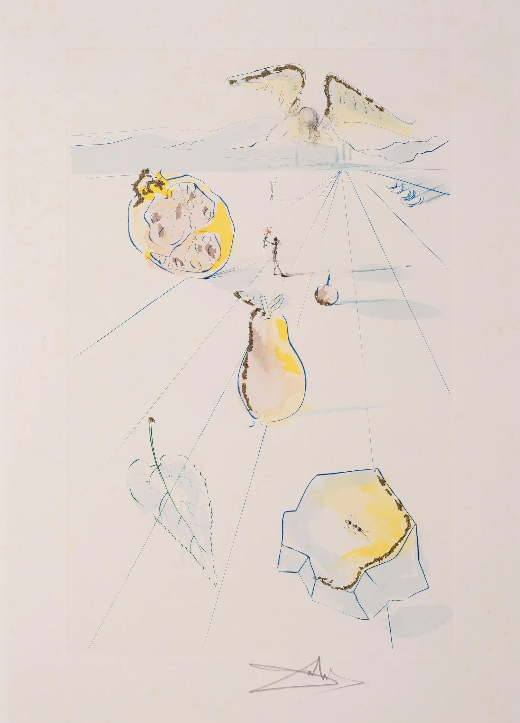 Artista: Salvador Dalí
Título: "Frutos secos del jardín" de la Cartera Cantar de los Cantares de Salomón
Año: 1972
Técnica: Aguafuerte en color con polvo de oro sobre papel Arches, firmado a lápiz
Edición: 250
Imagen: 16 x 10 pulgadas
Tamaño de la