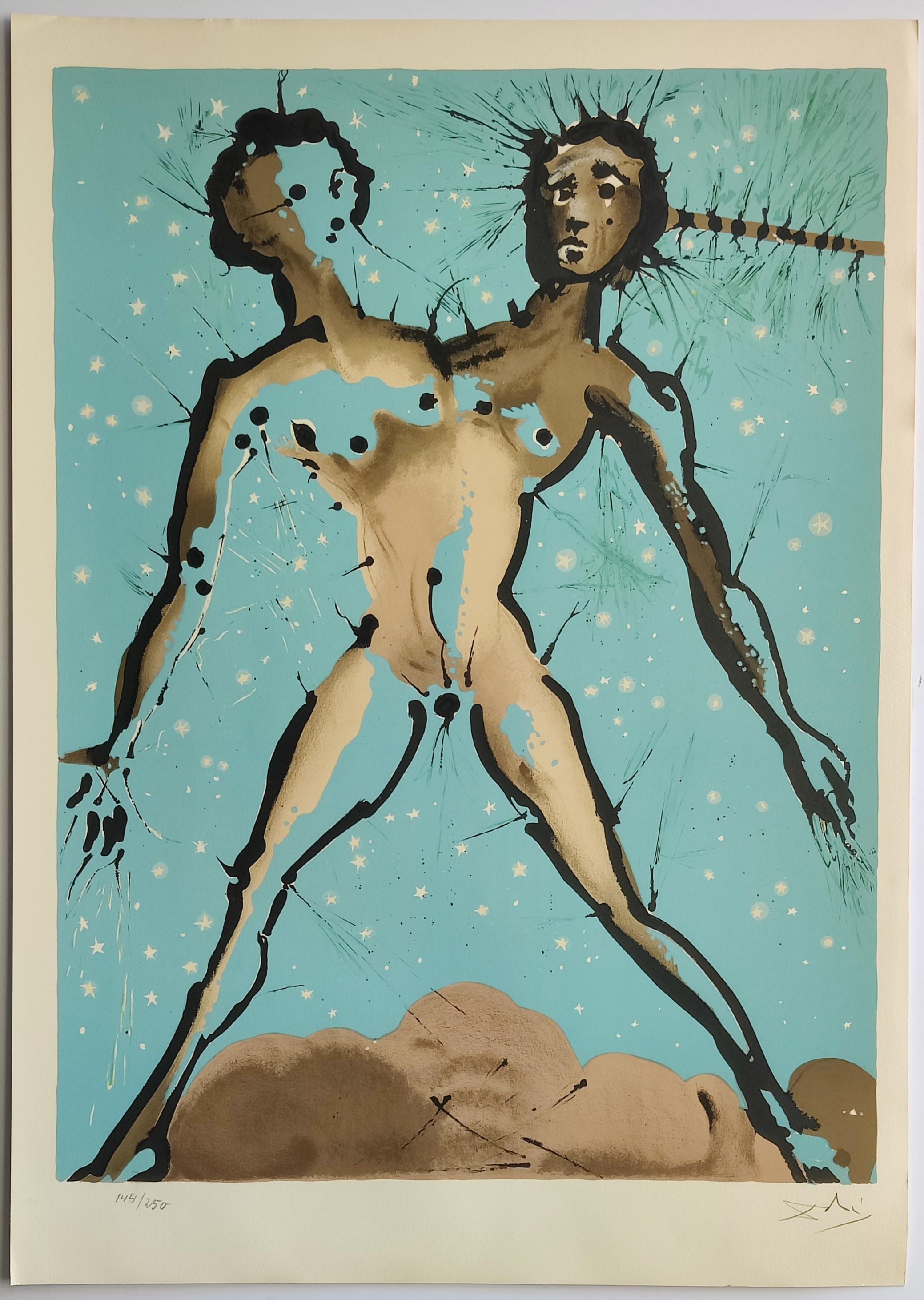 Salvador Dalí 
Zwillinge aus Signs of the Zodiac, 1967
Lithographie 
Handsigniert unten rechts
Nummeriert 144/250 unten links
Bildgröße: 64 x 48 cm
Blattgröße: 73 x 52 cm
Gedruckt bei Mourlot, Paris
Herausgegeben von Leon Amiel, Paris/New York 
Mit