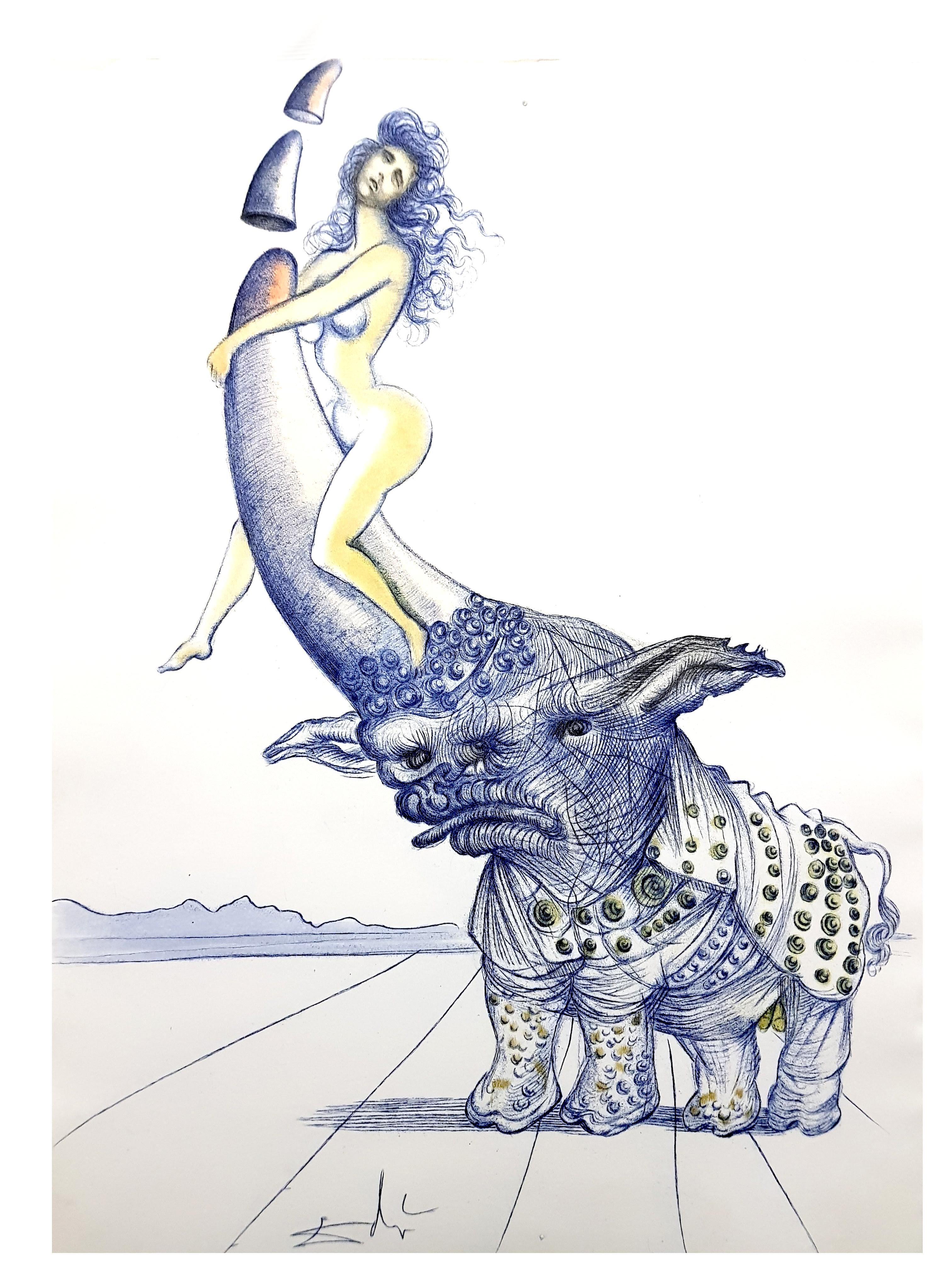 Salvador Dalí Nude Print - Salvador Dali - Girl on Rhinoceros Horn