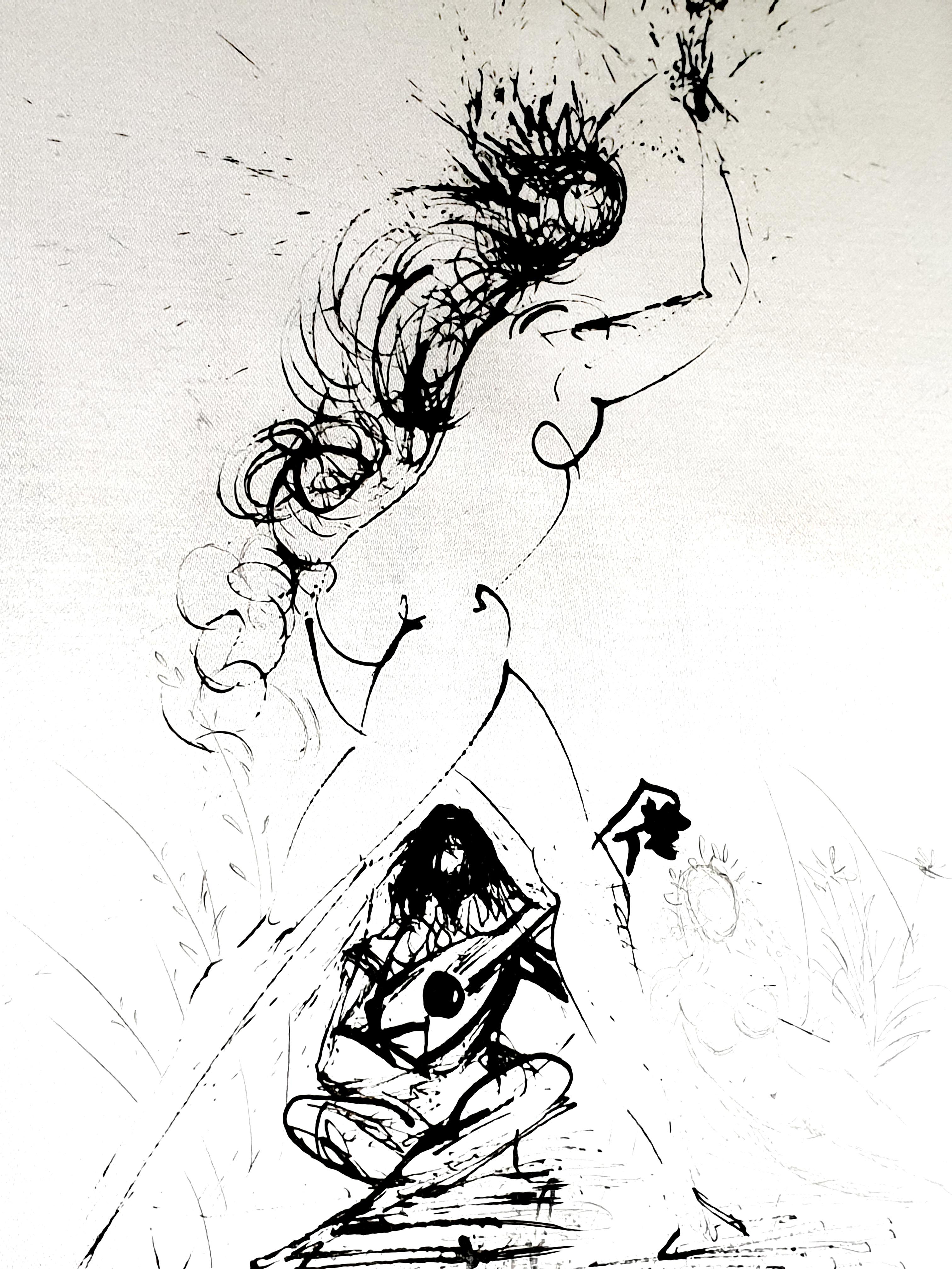 Salvador Dali - Girl With Torch - Original Etching on Silk - Gray Figurative Print by Salvador Dalí