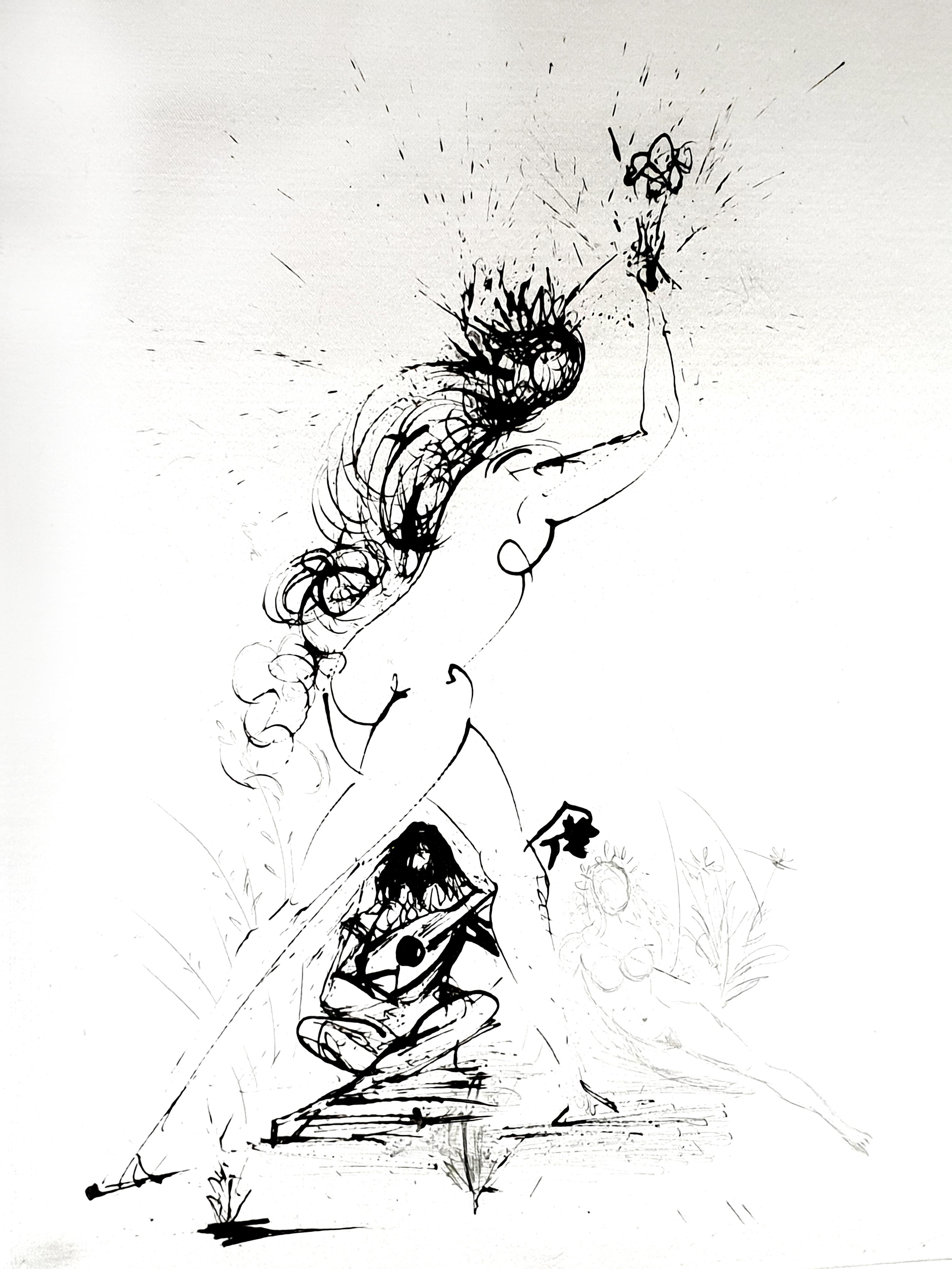 Salvador Dali – Mädchen mit Fackel – Original-Radierung auf Seide