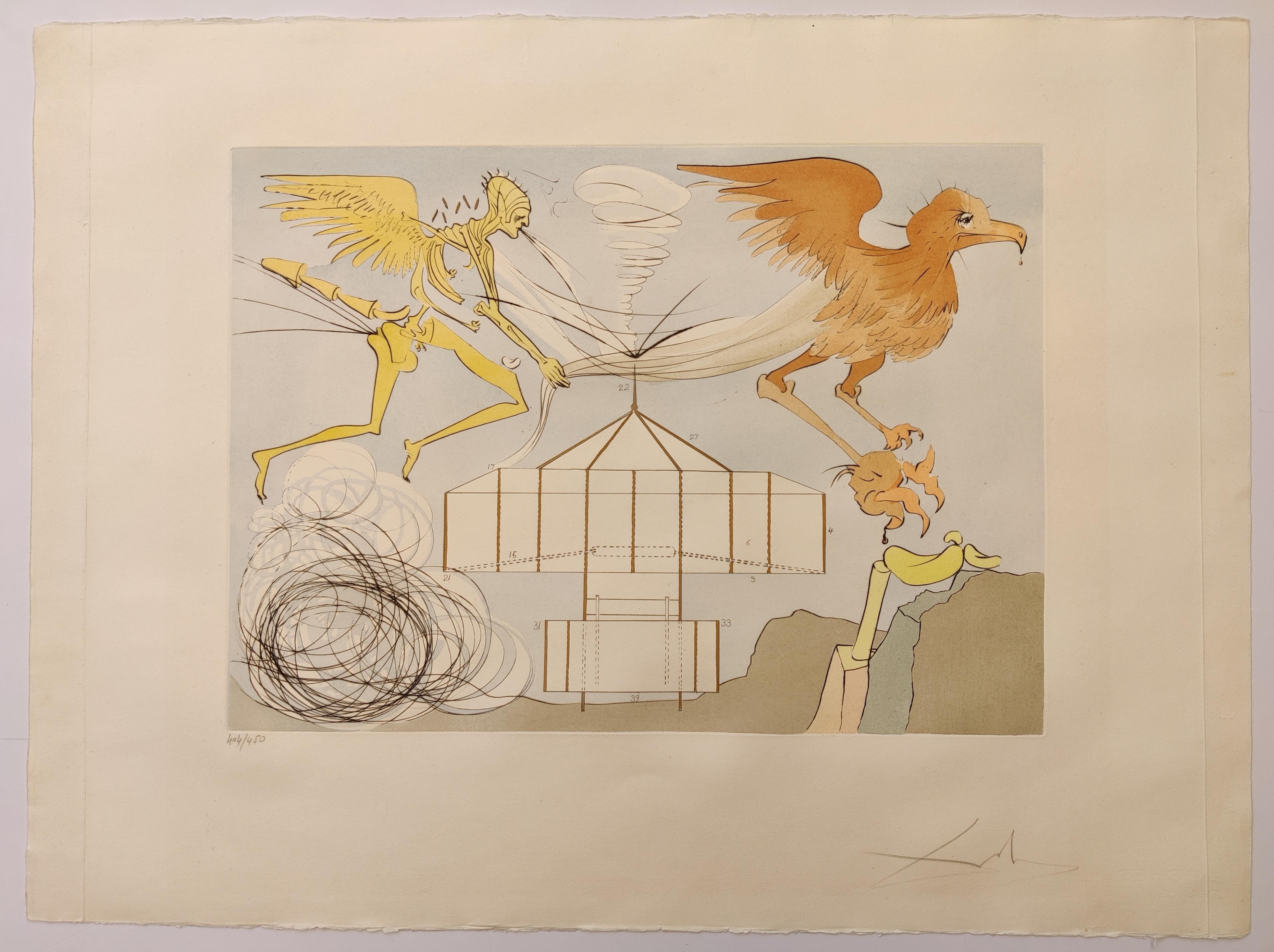 Salvador Dali  --  Homage a Leonardo da Vinci - Airplane, 1975
Etching with pochoir 
Edition 404/450 low left.
Hand signed low right
folded right and left margin
Image 50 x 36 cm
Sheet 76 x 56 cm
Creases on the left and right margin
Reference Field,