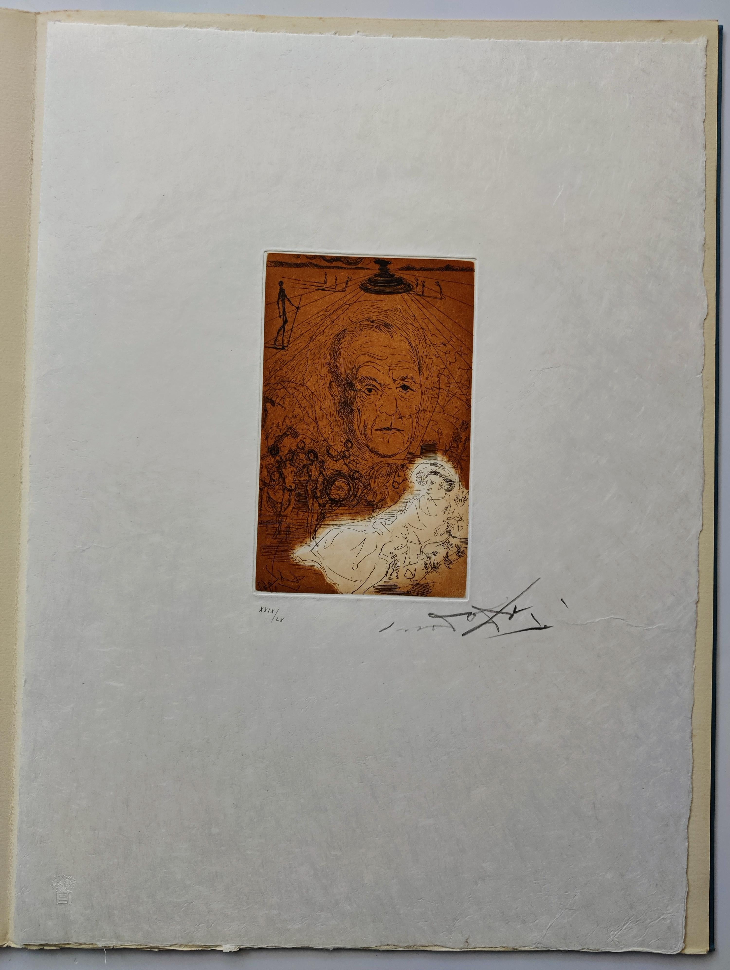 Salvador Dalí
Hommage à Konrad Adenauer, 1967
Colour etching on Japanese paper. In the original portfolio.
Depiction Size: 19.5 x 12.5cm.
Sheet Size: 52 x 38.5cm.
Edition: XXIX/LX
Hand-signed lower right
Publisher: Galerie Orangerie-Reint,