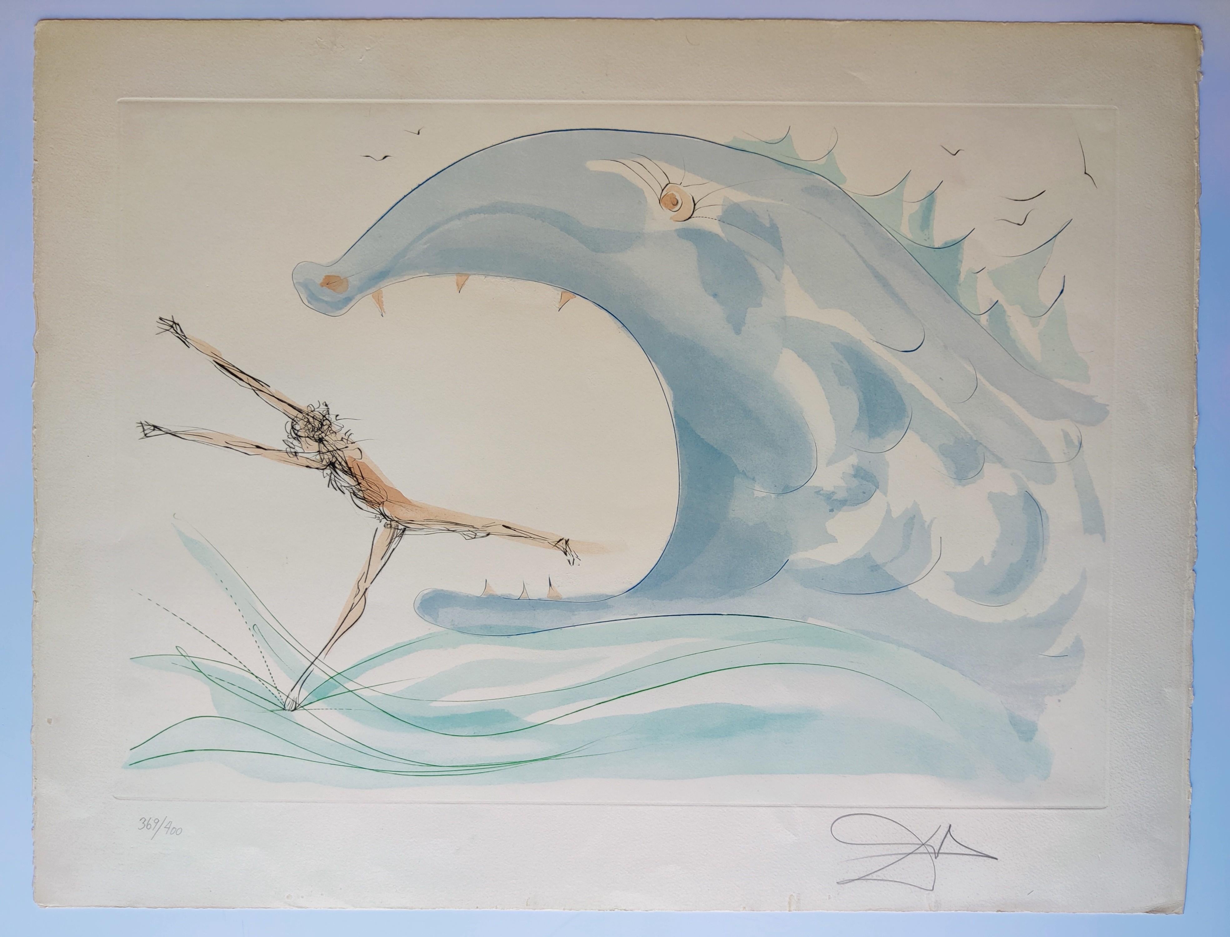 Salvador Dalí
Jonás y la ballena, de Nuestro Patrimonio Histórico, 1975.
Grabado con pochoir en colores sobre papel Arches.
Tamaño 50,5 × 66 cm.
Firmado abajo a la derecha.
Numerado 369/400 abajo a la izquierda.
Publicado por Leon Amiel, París,