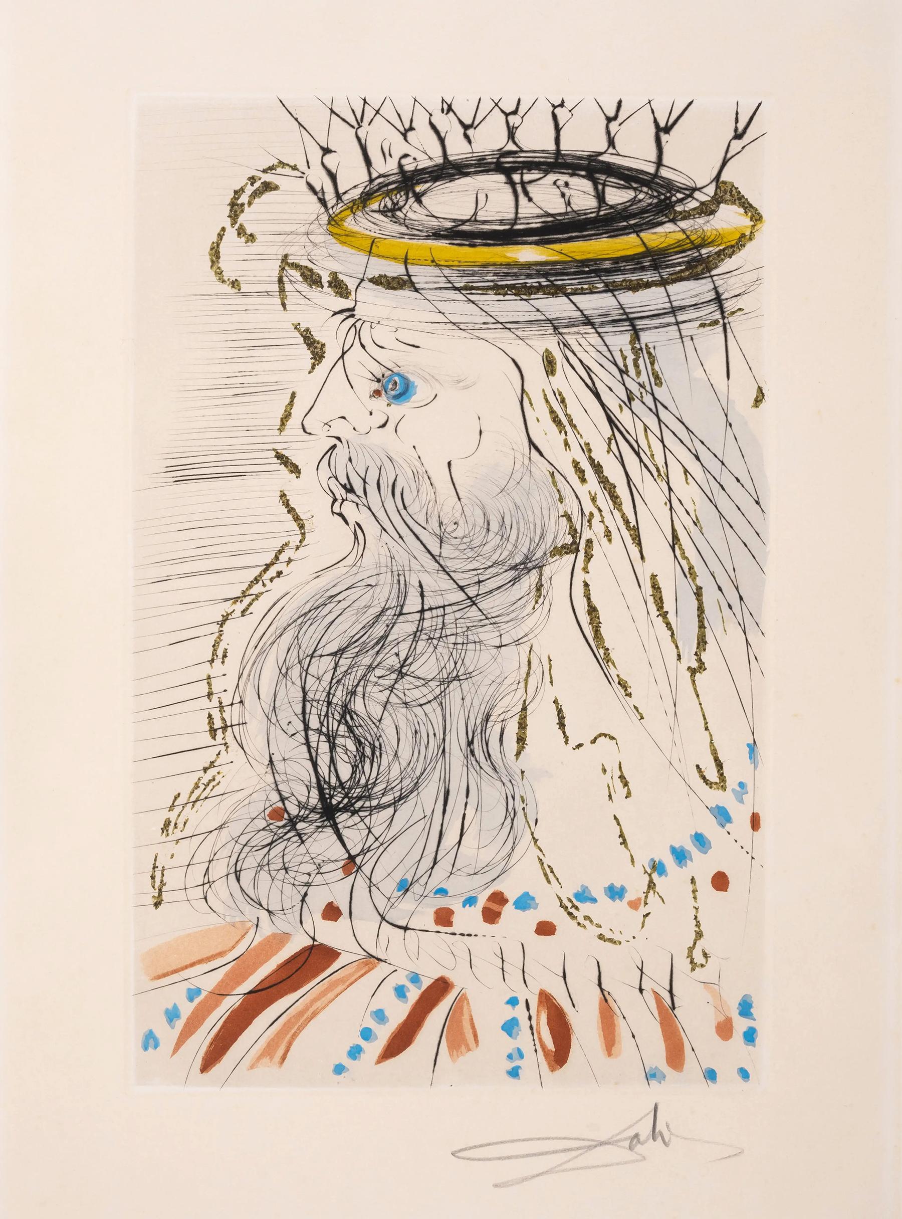 Artista: Salvador Dalí
Título: "El rey Salomón" de la Cartera Cantar de los Cantares de Salomón
Año: 1972
Técnica: Aguafuerte en color con polvo de oro sobre papel Arches, firmado a lápiz
Edición: 250
Imagen: 16 x 10 pulgadas
Tamaño de la hoja: 22 x