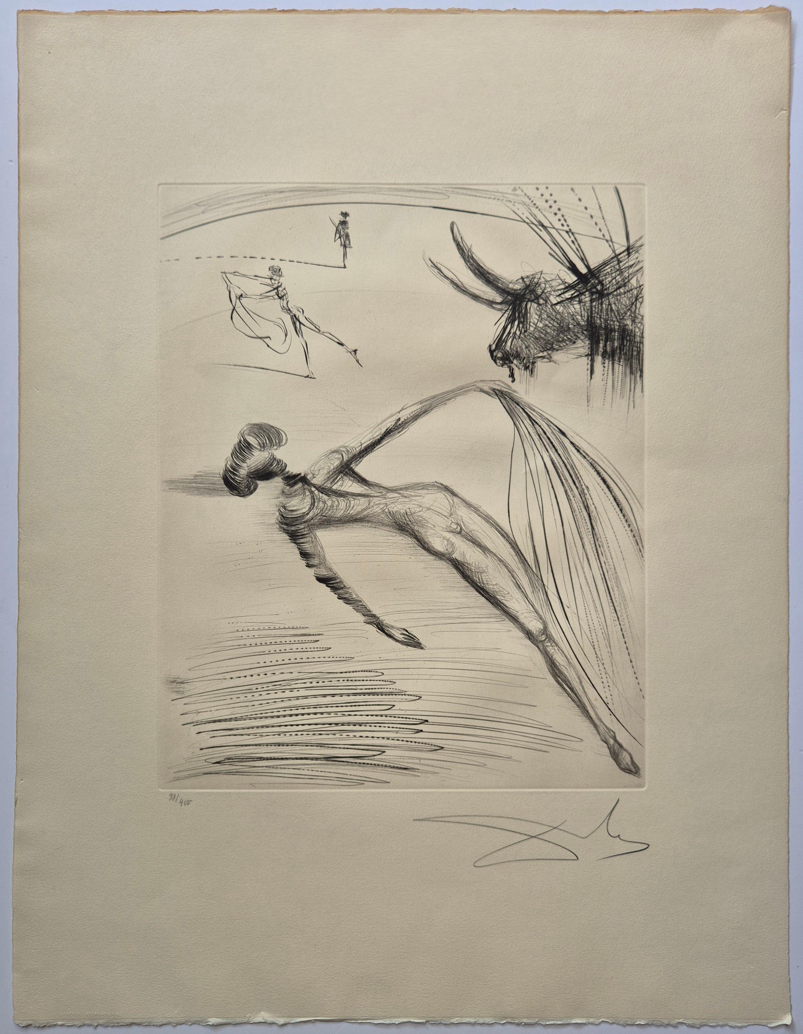 Salvador Dalì
La Cogida y la Muerte, 1973
Acquaforte su Arches FRANCE (filigrana).
Firmato a mano in basso a destra
Edizione 98/400
Dimensioni dell'immagine: 39,5 x 32 cm.
Dimensioni del foglio: 66 x 50,5 cm.
Notazione: Inscritto e