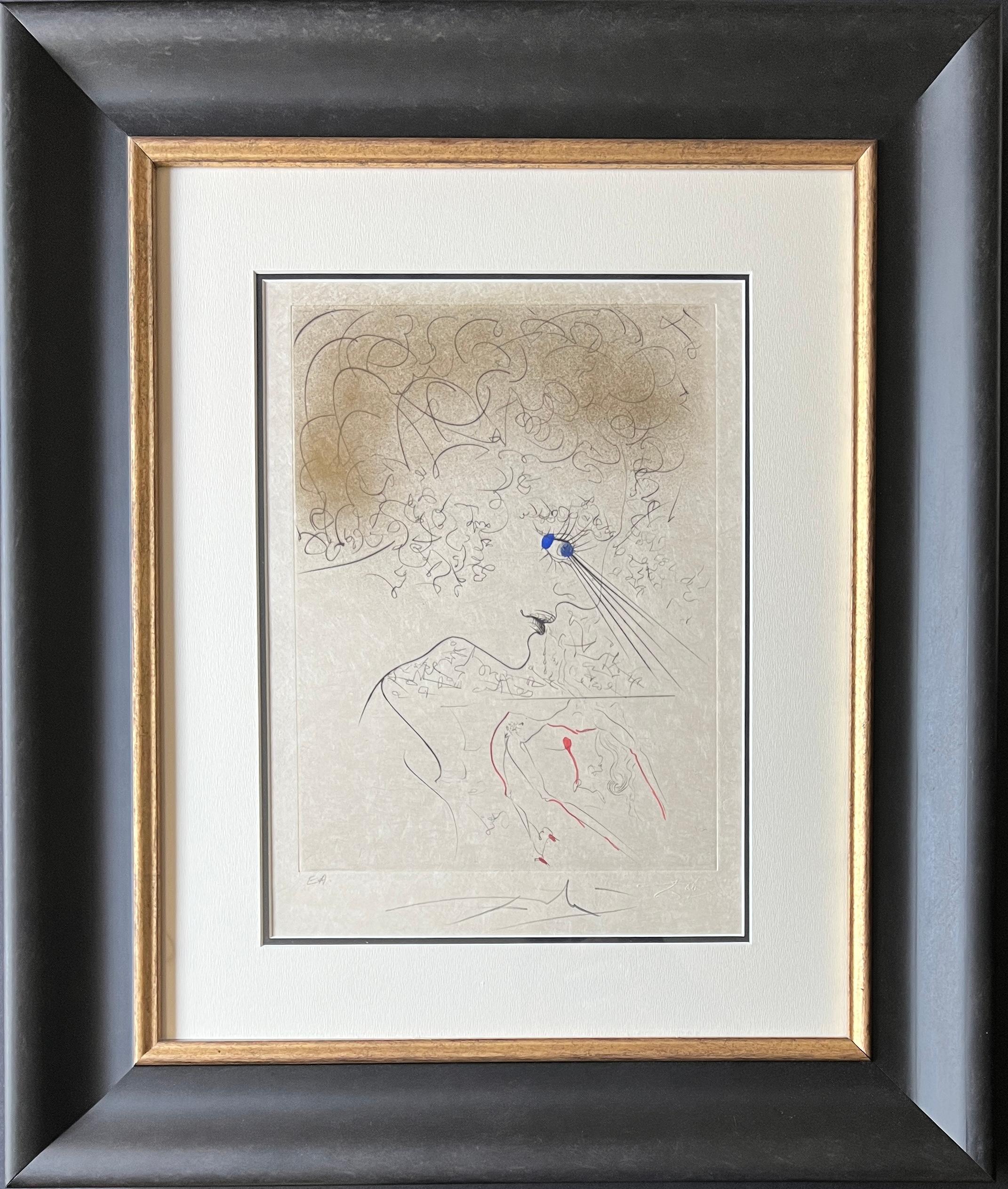 Salvador Dalí - La Tête - gravure à la pointe sèche aquarellée à la main - 1969