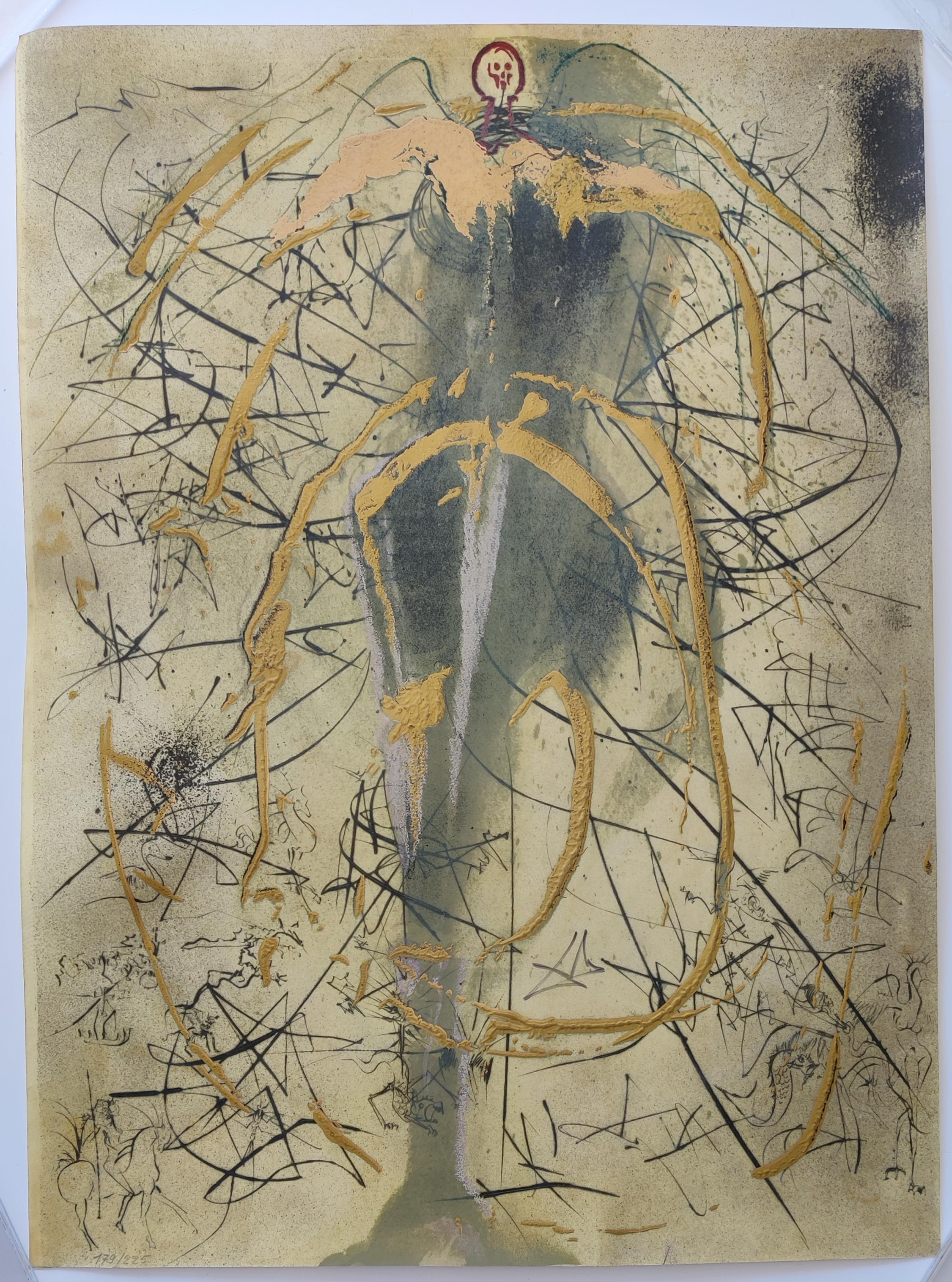 Salvador Dalí 
L'Ange de l'Alchimie (Der Engel der Alchemie) aus Alchimie des Philosophes, 1976
Kaltnadel und Lithographie auf Pergament
Handsigniert und Auflage 179 / 225
Blattgröße 77 x 56 cm
Drucker: Kunstlithographien
Verlag: Art et Valeur,