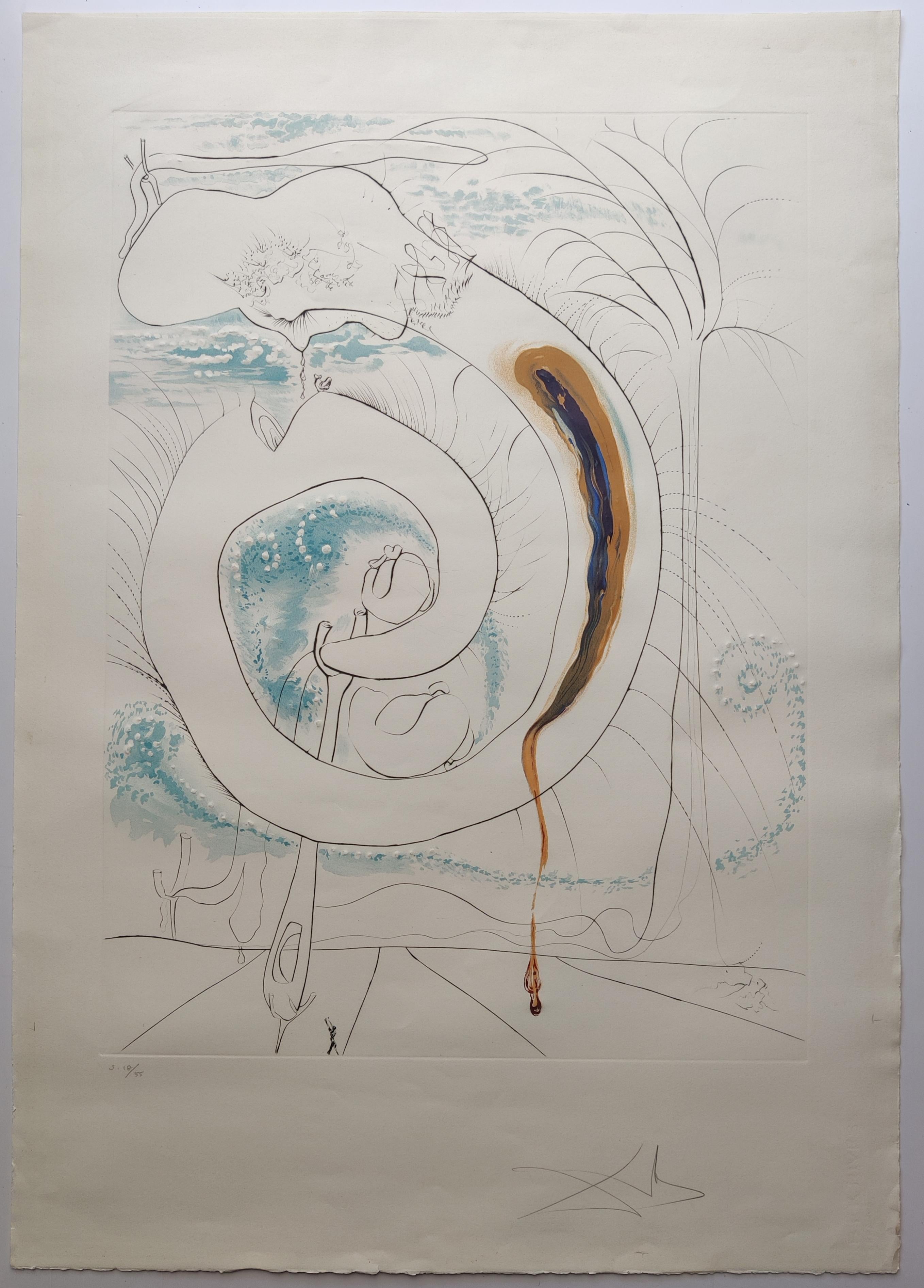 Salvador Dali
Le Cercle viscéral du cosmos from the La Conquête du Cosmos portfolio, 1974
Lithography 
Hand signed in pencil lower right 
Edition J 18/55 lower left.   
Sheet size: 100 x 70 cm.
Printed by Atelier Lithographique, Paris.
Drypoint