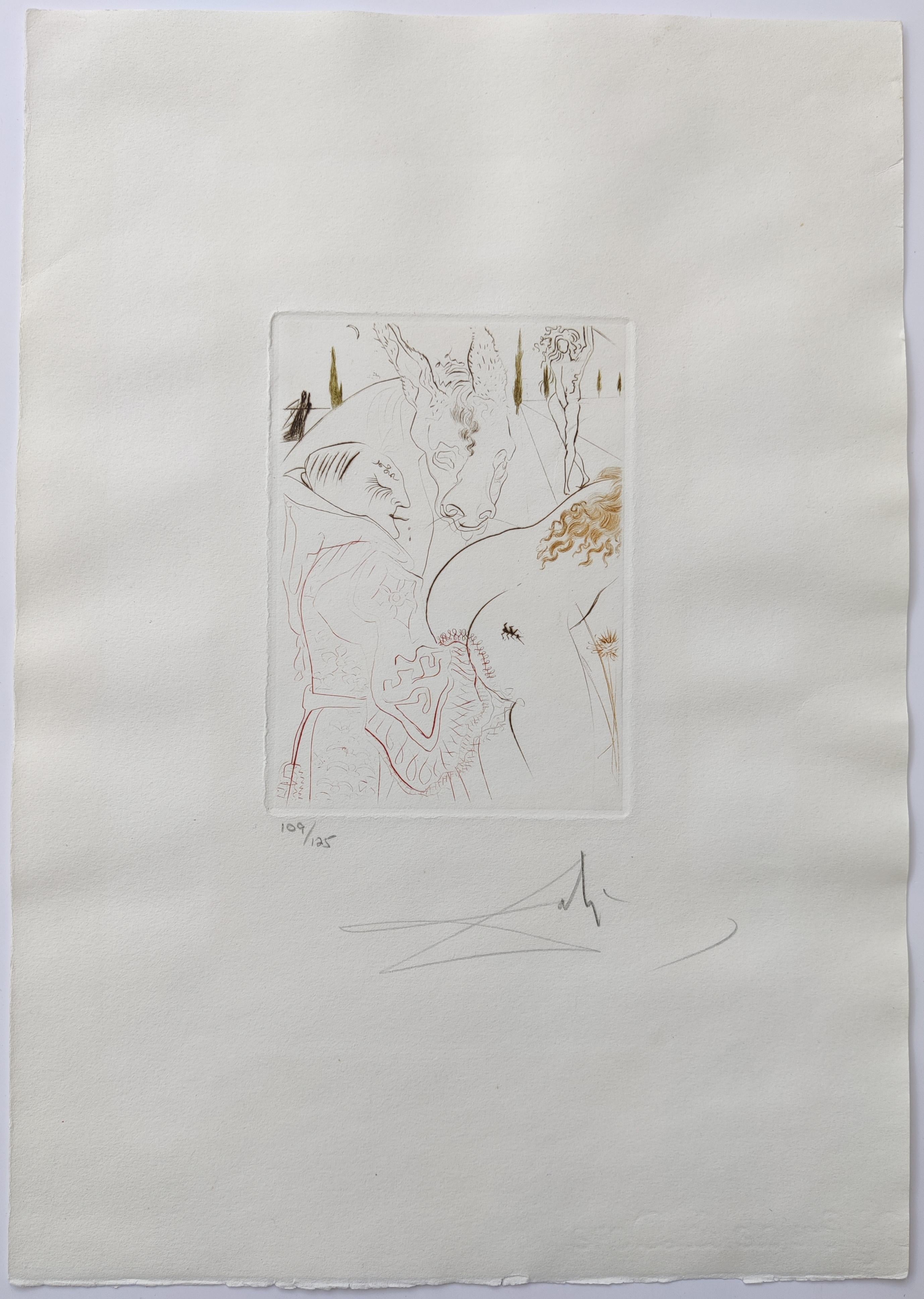 Salvador Dalí 
Le Jument de Compère Pierre aus Dalís Le Décameron, 1972
Kaltnadelradierung mit Farbe auf Papier
Handsigniert Dalí unten rechts 
Nummeriert 109/125 unten links
Blattgröße: 60 x 55 cm
Referenz: Micheler-Löpsinger 560; Feld 72-8I