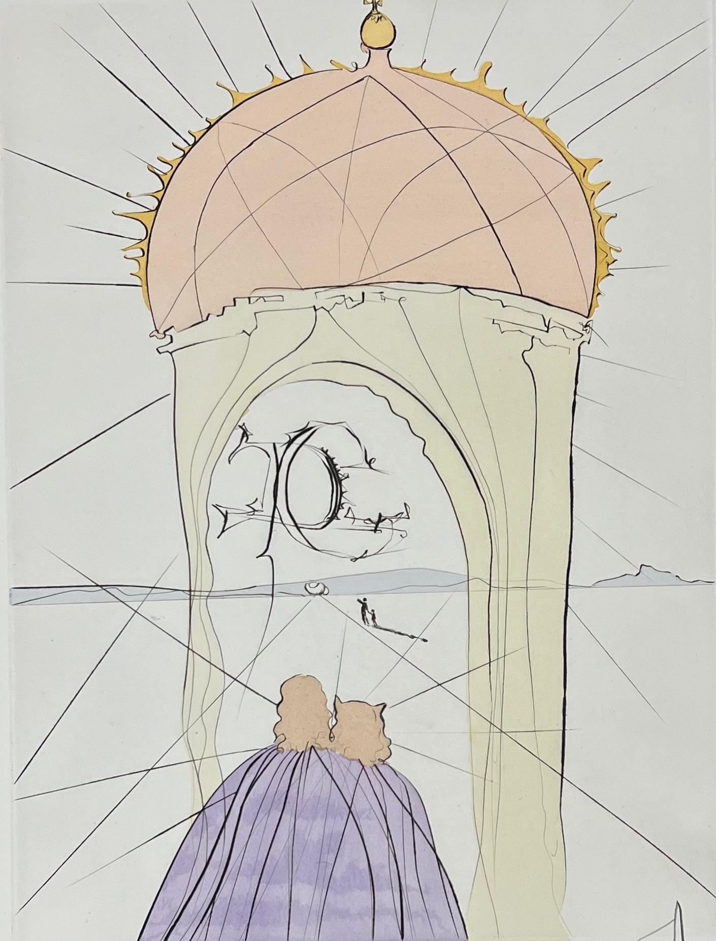 Salvador Dalí 
Le Musée de genie et du caprice (Das Museum des Genies und der Laune) aus Nach 50 Jahren Surrealismus
Original-Radierung mit Handkolorierung, mit Bleistift handsigniert
1974
Bildgröße: 15 3/4 x 11 7/8 Zoll.
Papierformat: 26 x 19 3/4