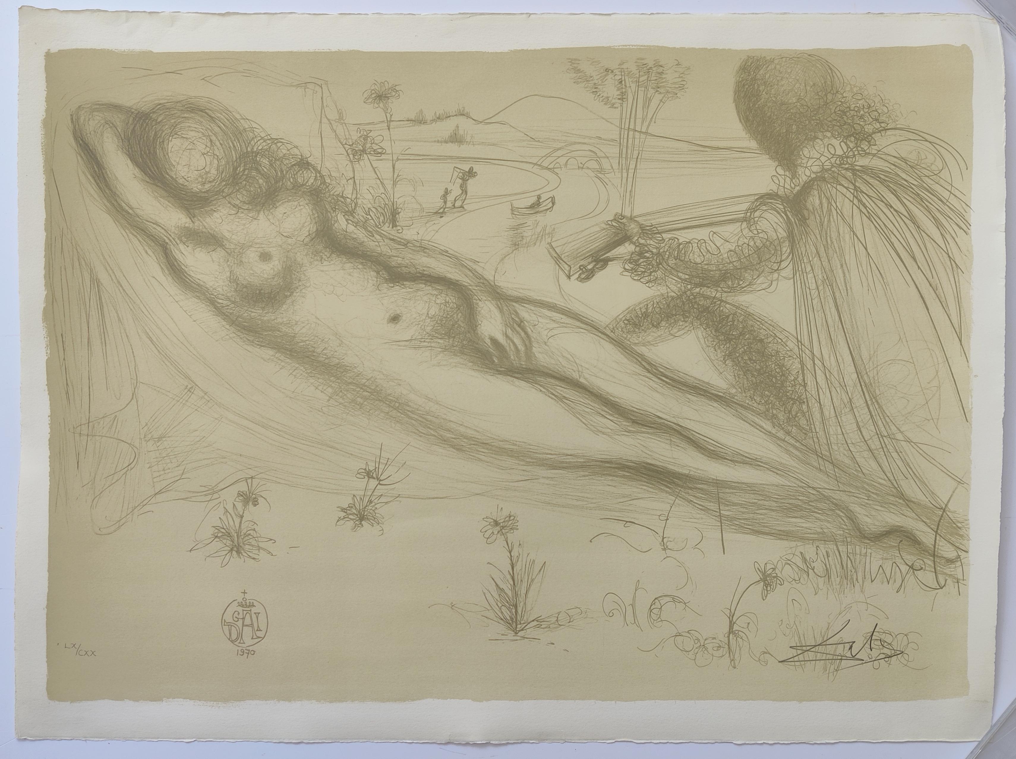 Salvador Dalì 
Le Nu à la Guitarre  (Serenata) da Nudes, 1970
Litografia originale su carta Rives
Dimensioni del foglio 52 x 71 cm
Firmato a mano in basso a destra
Edizione LX / CXX in basso a sinistra
Stampatore: Desjobert, Parigi, Francia
Editore: