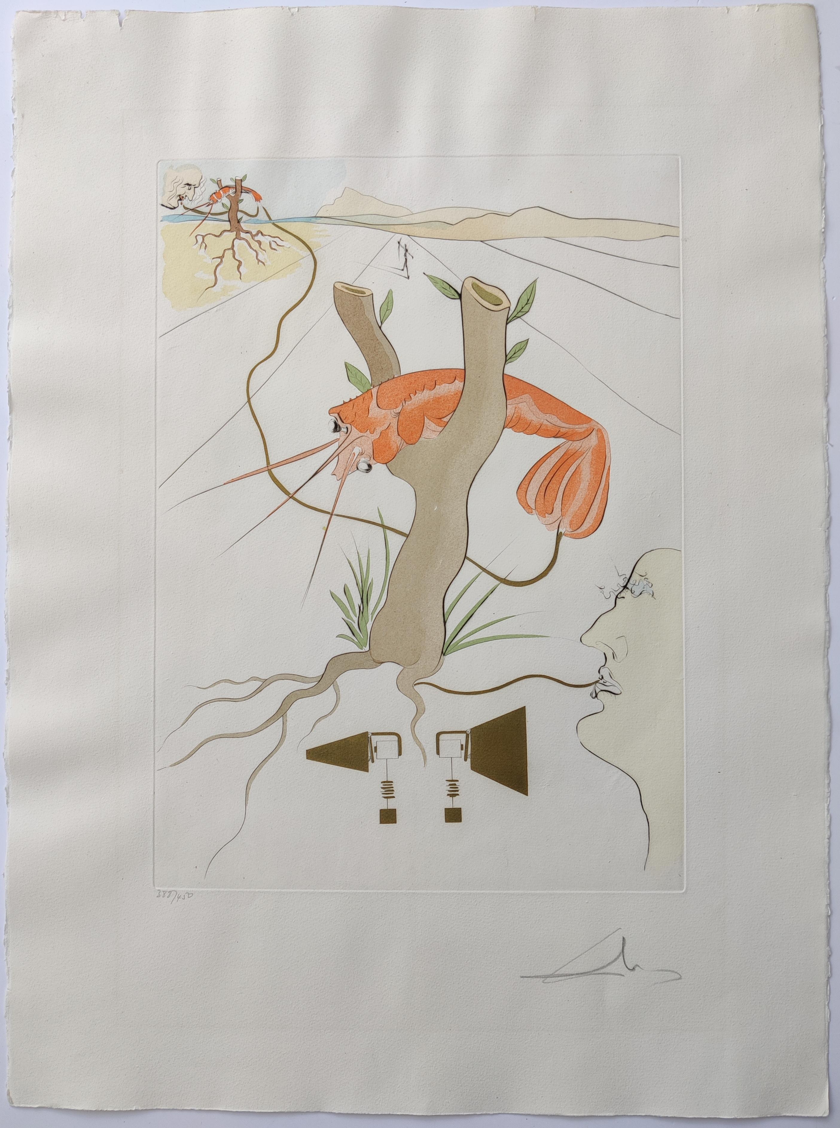 Salvador Dalí 
Le Téléphone, da Hommage à Leonardo da Vinci (Grandi invenzioni), 1975
Acquaforte e incisione e pochoir a colori su carta Arches
Firmato a mano in basso a destra
Numerato 388/450 in basso a sinistra
Dimensioni dell'immagine: 49,5 x