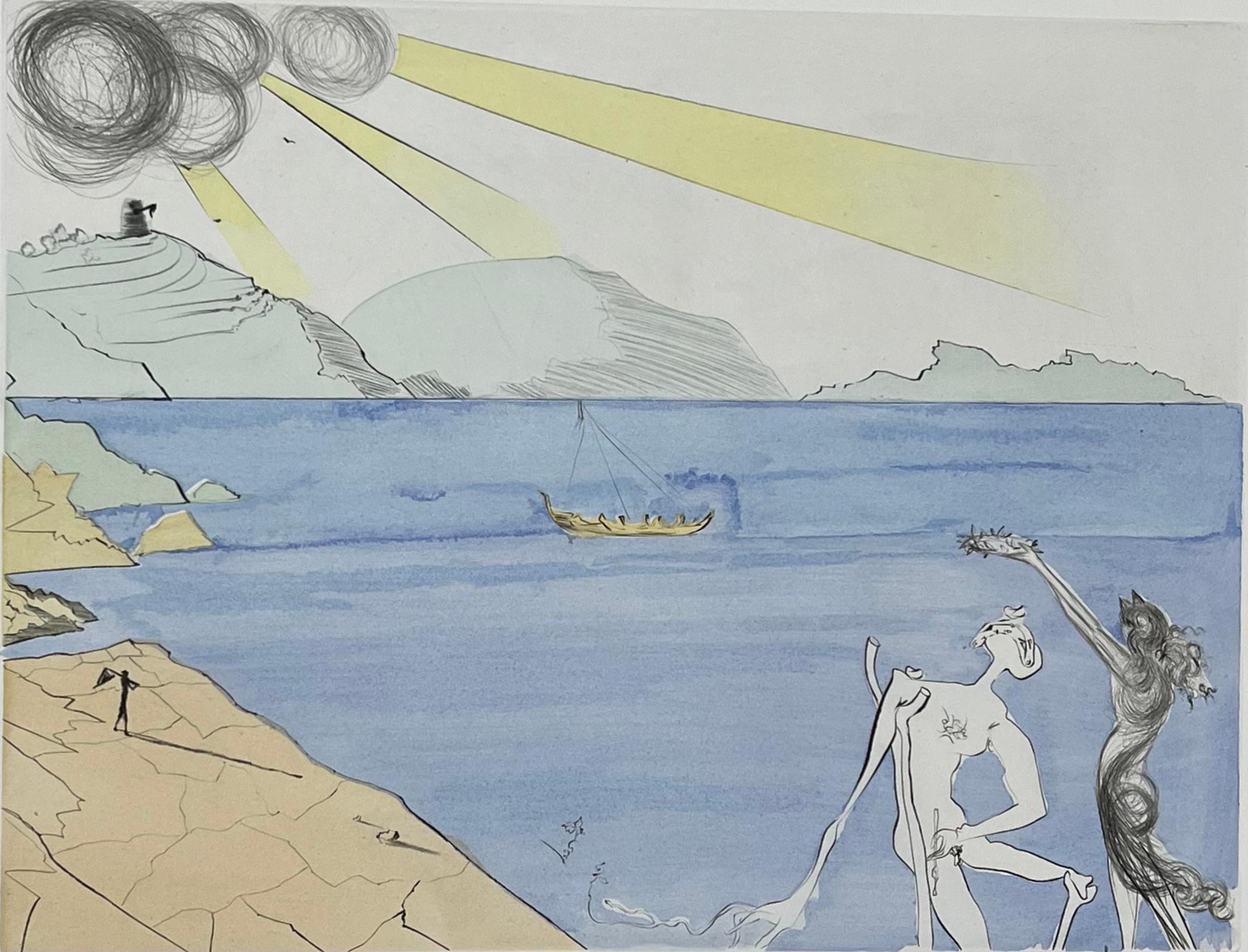 Salvador Dalí 
Les lauriers du bonheur (Die Lorbeeren des Glücks) aus After 50 Years of Surrealism
Original-Radierung mit Handkolorierung, mit Bleistift handsigniert
1974
Bildgröße: 15 3/4 x 11 7/8 Zoll.
Papierformat: 26 x 19 3/4 Zoll
Aus der