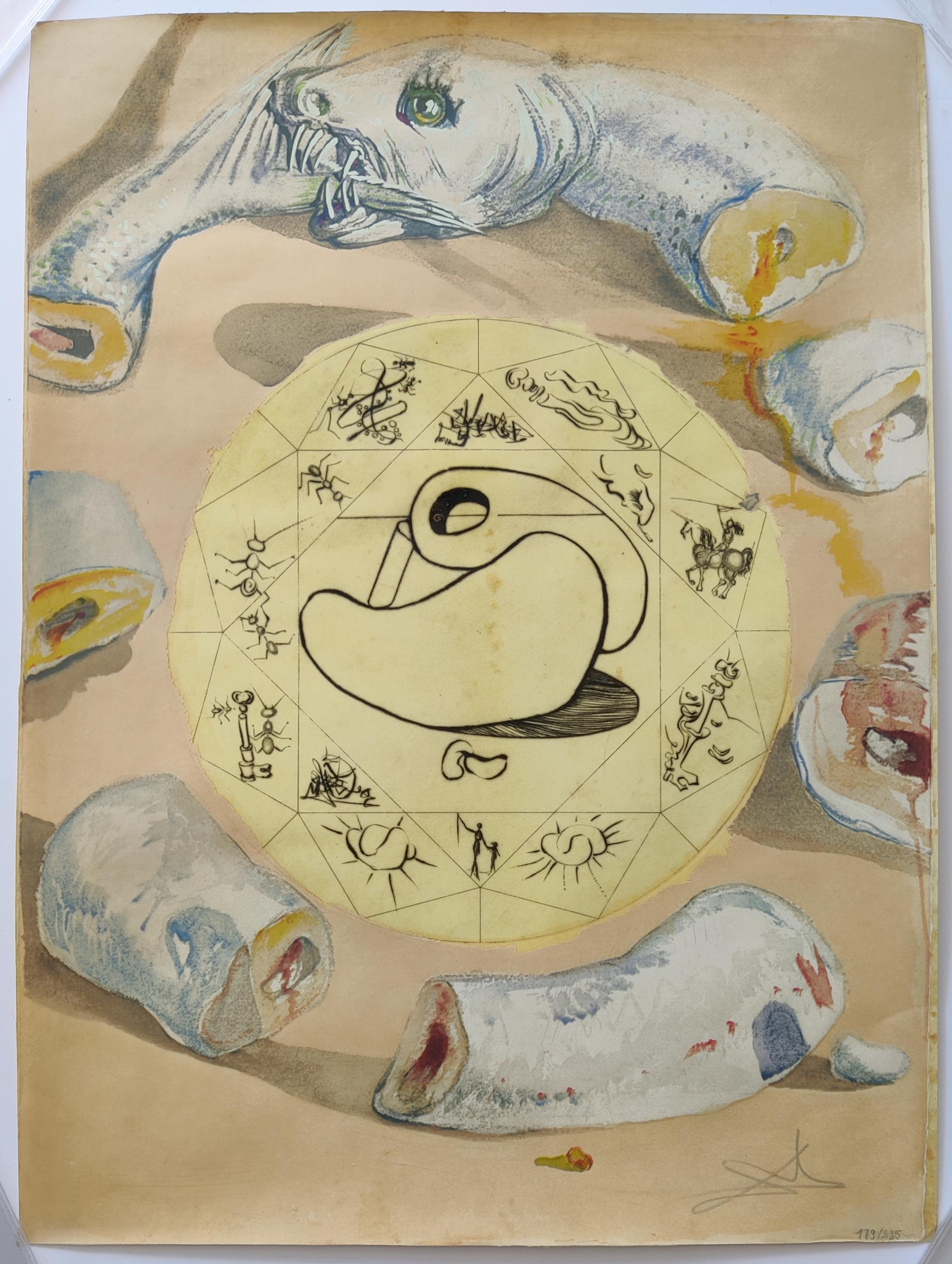 Salvador Dalí 
L'Ouroboros aus Alchimie des Philosophes, 1976
Lithographie und Kaltnadel auf Pergament
Handsigniert und Auflage 179 / 225
Blattgröße 77 x 56 cm
Drucker: Kunstlithographien
Verlag: Art et Valeur, Paris
Referenz: Feld 75-12 F
