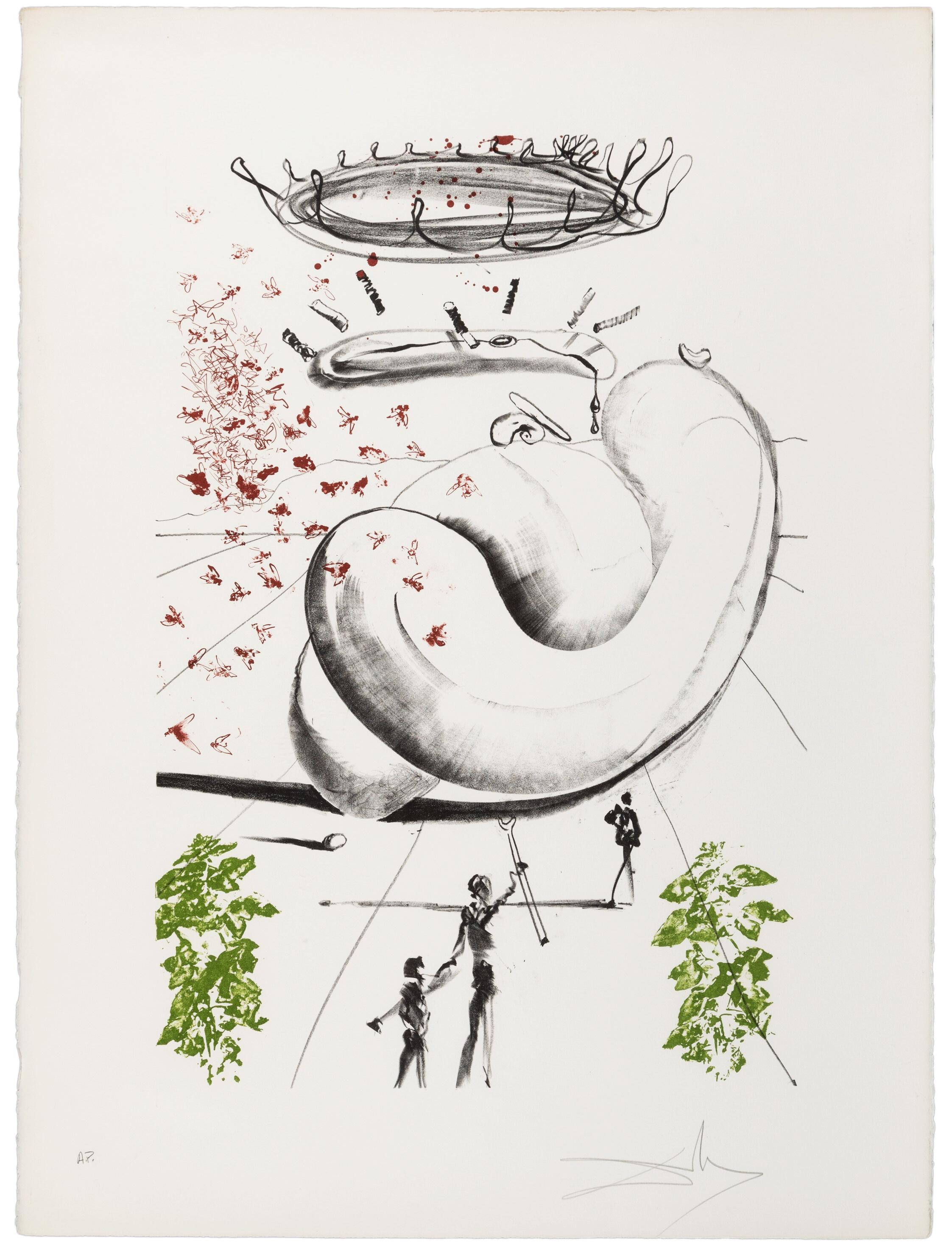 Salvador Dalí Moscas 1973 (from Colibri):

Lithograph in colors on Arches paper. 
30 x 22.25 inches (83.8 x 56.5 cm).

Good overall vintage condition; some minor signs of handling; minor surface marks. 

Signed and editioned in pencil along lower