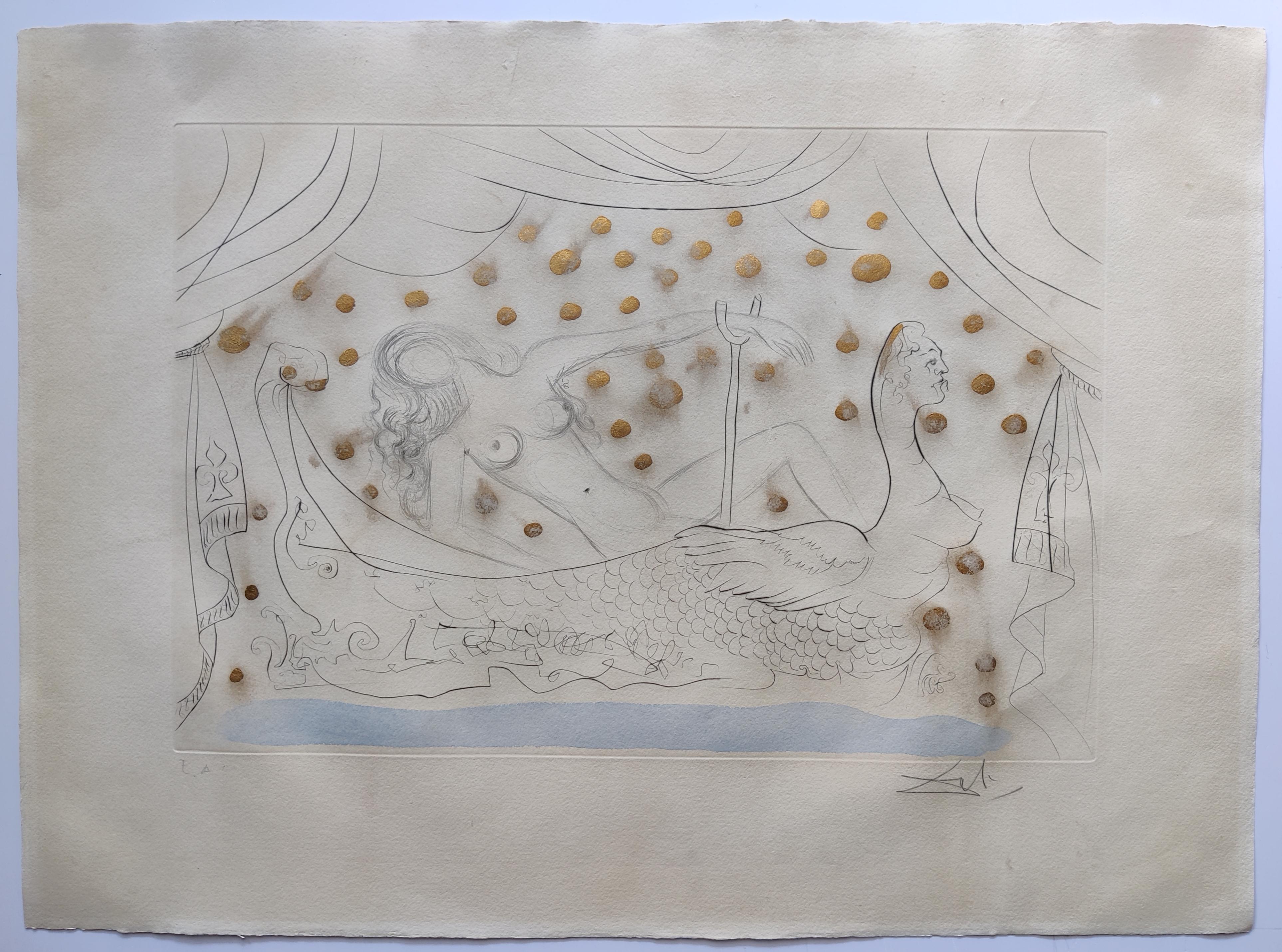 Salvador Dalí
Nudo nella vasca da bagno, 1973
puntasecca e lumeggiature a stencil
Firmato a mano in basso a destra
Edizione EA in basso a sinistra
Dimensioni dell'immagine: 39 x 58 cm 
Dimensioni del foglio: 51 x 71 cm a vista

Riferimento Michler e