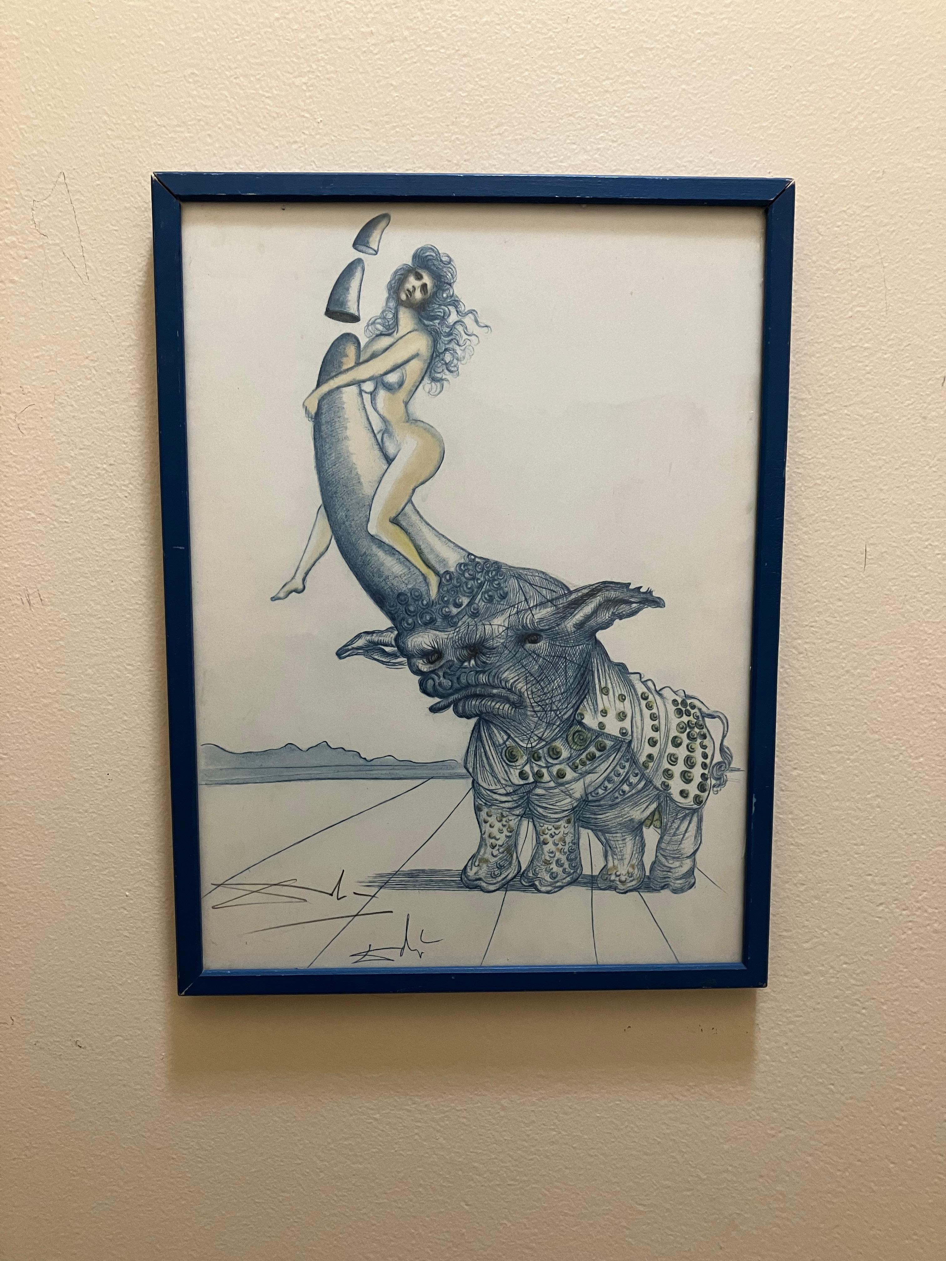 Salvador Dali Crayon signé Nu sur une corne de rhinocéros - Print de Salvador Dalí