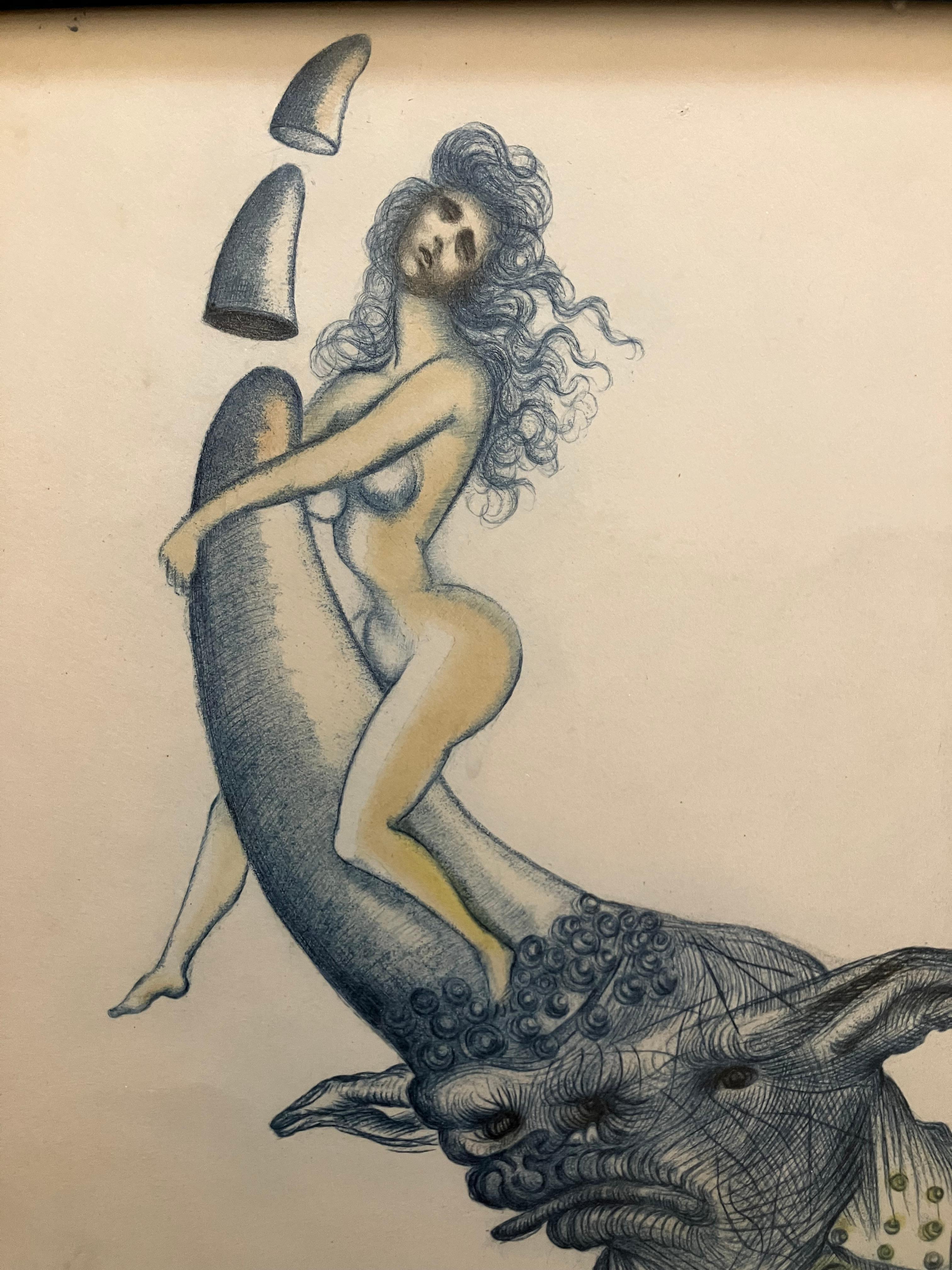 Salvador Dali Crayon signé Nu sur une corne de rhinocéros - Beige Figurative Print par Salvador Dalí
