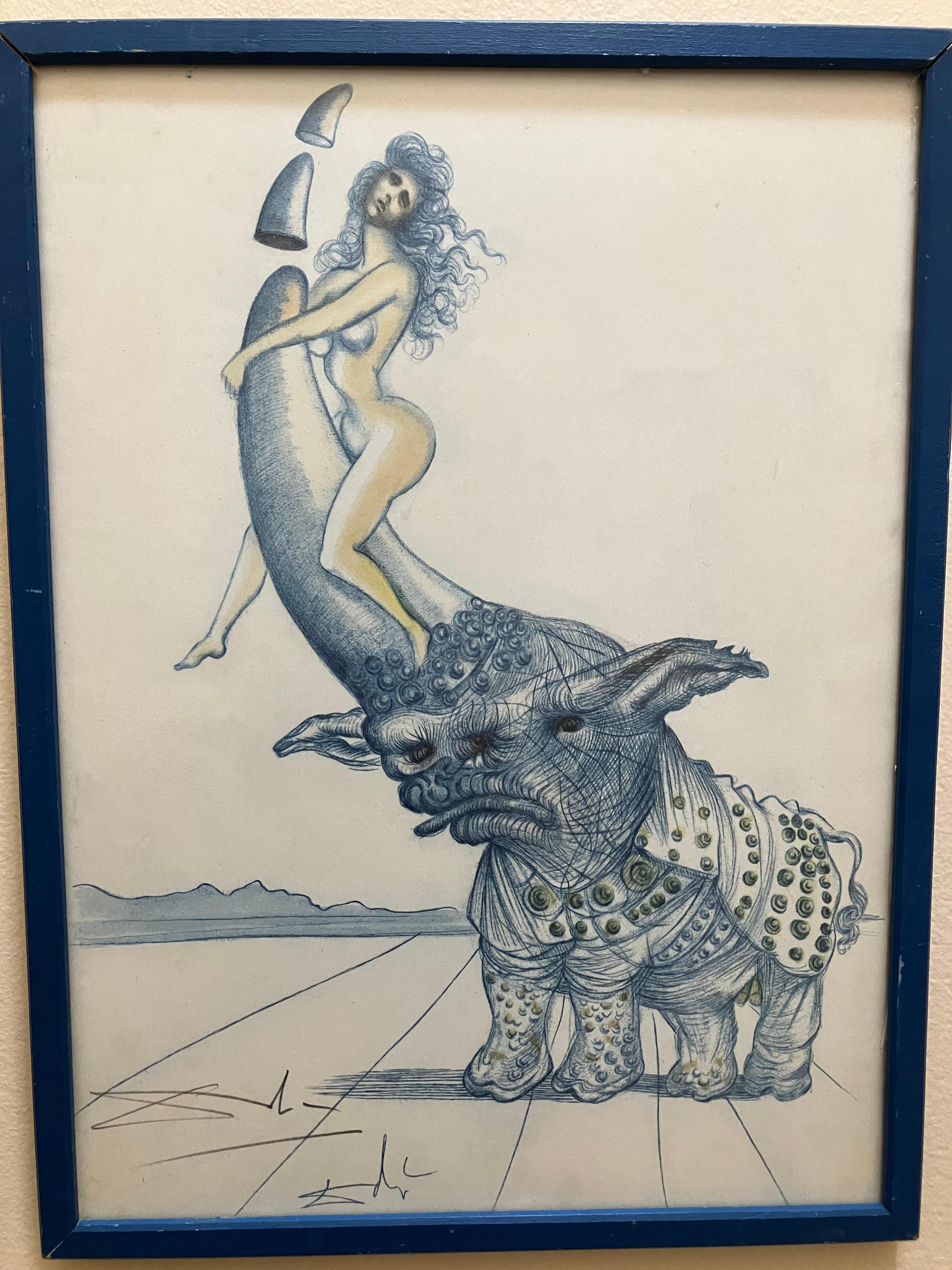 Salvador Dalí Lápiz Firmado Desnudo sobre un cuerno de rinoceronte