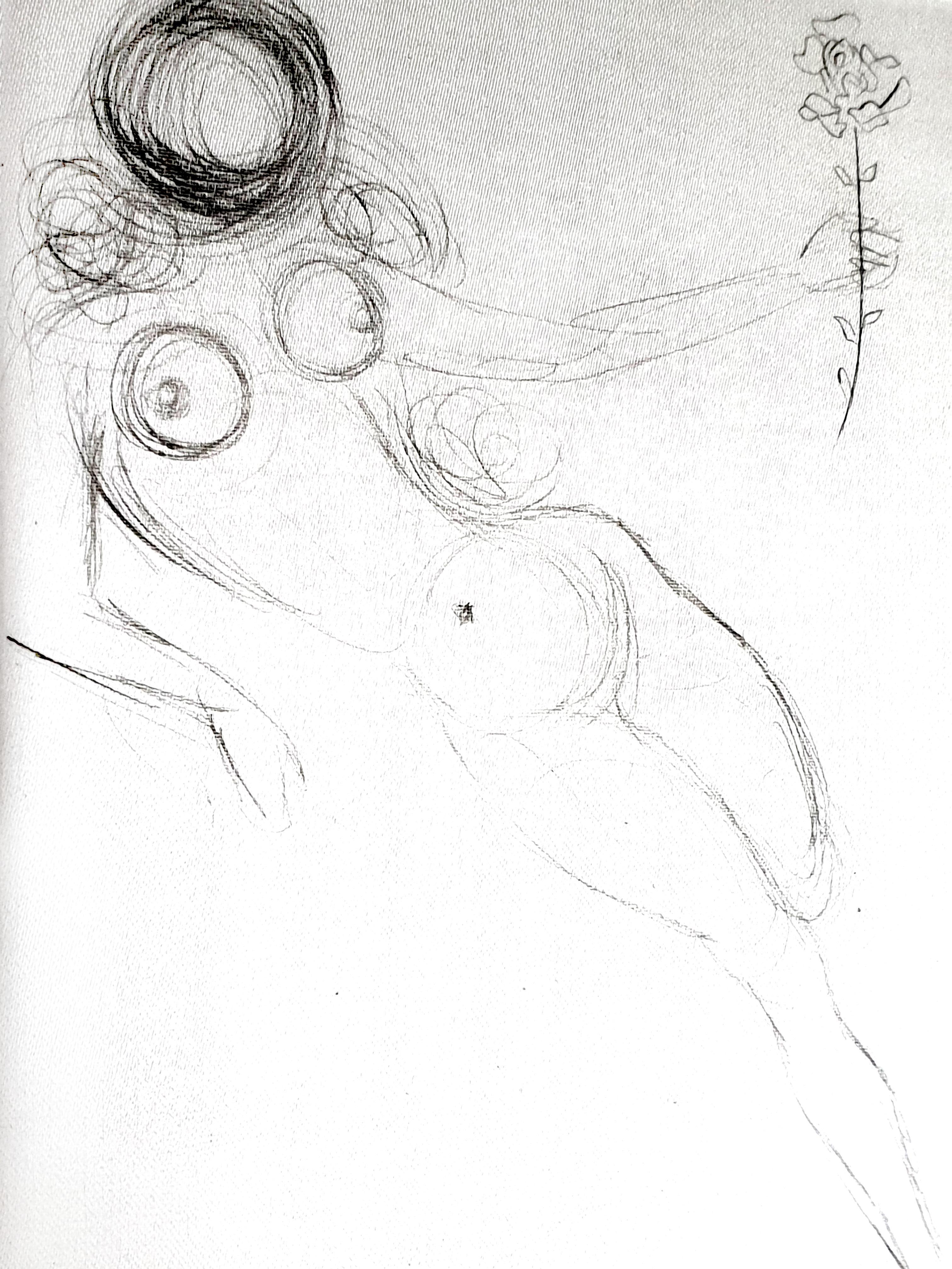 Salvador Dali - Nackt mit Blume - Original-Radierung auf Seide