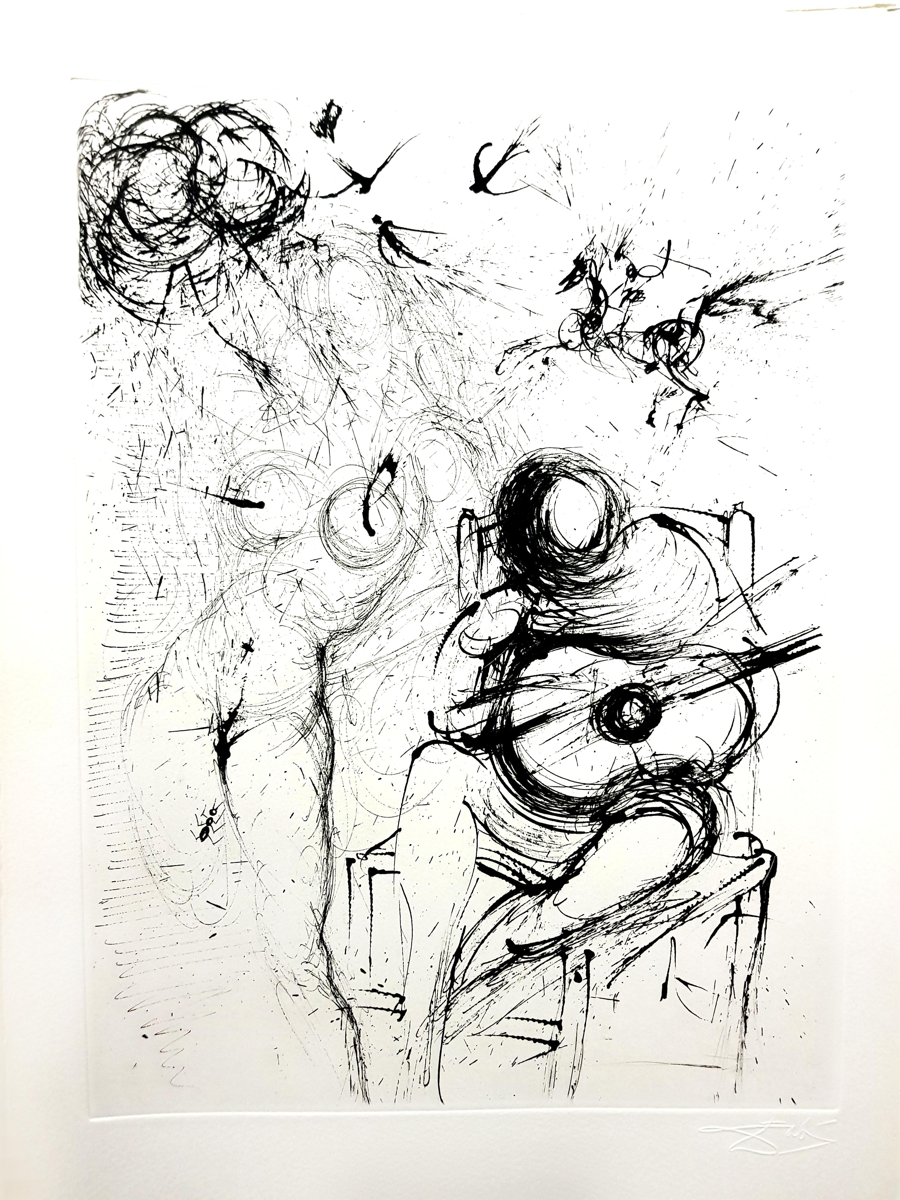Salvador Dalí Nude Print – Salvador Dali - Nackt mit Gitarre - Original-Radierung