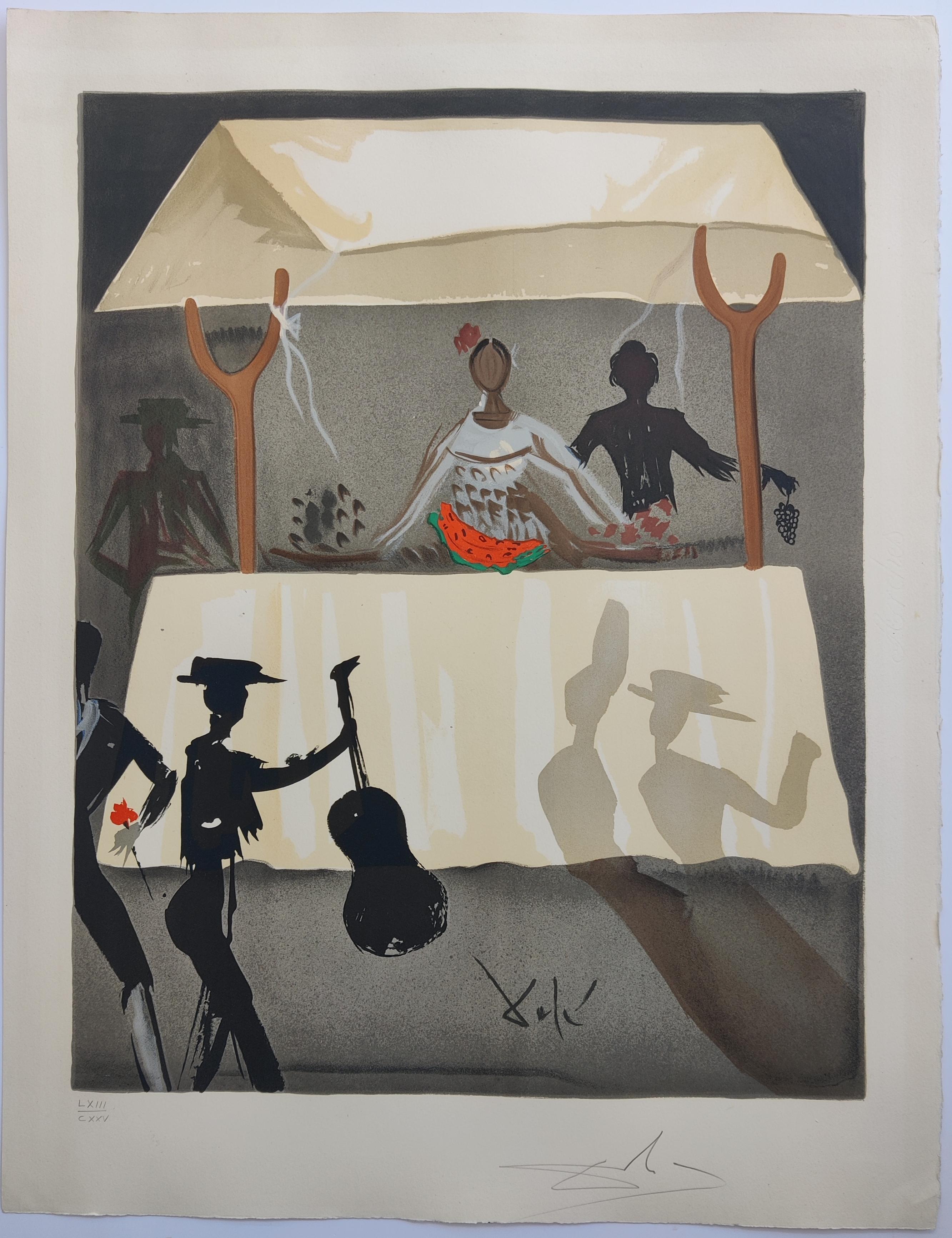 Salvador Dalí
Fuori dall'arena: Il venditore di frutta da Carmen, 1970
Lithgorphay
Firmato a mano in basso a destra
Edizione LXIII/CXXV
Dimensioni del foglio: 65 x 50 cm 
Dimensioni dell'immagine: 53,5 x 43 cm
Stampato da Wolfensberger
Pubblicato da