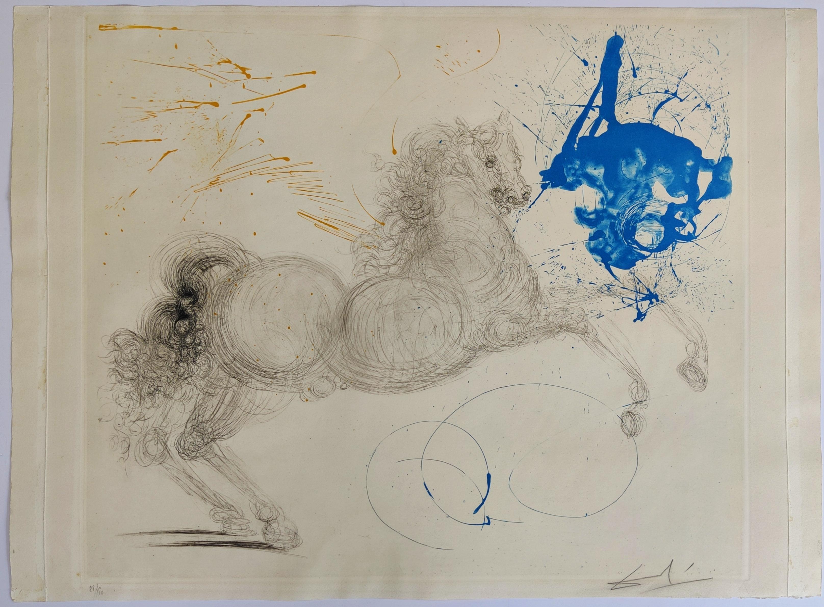 Salvador Dalí 
Pégase de la suite Mythologie, 1960-1964
Eau-forte et gravure avec aquatinte en couleur. 
Signé à la main en bas à droite
Numéroté 28/150 
Taille de l'image : 52 x 61 cm
Taille de la feuille : 55 x 76 cm
Publié par Argillet,