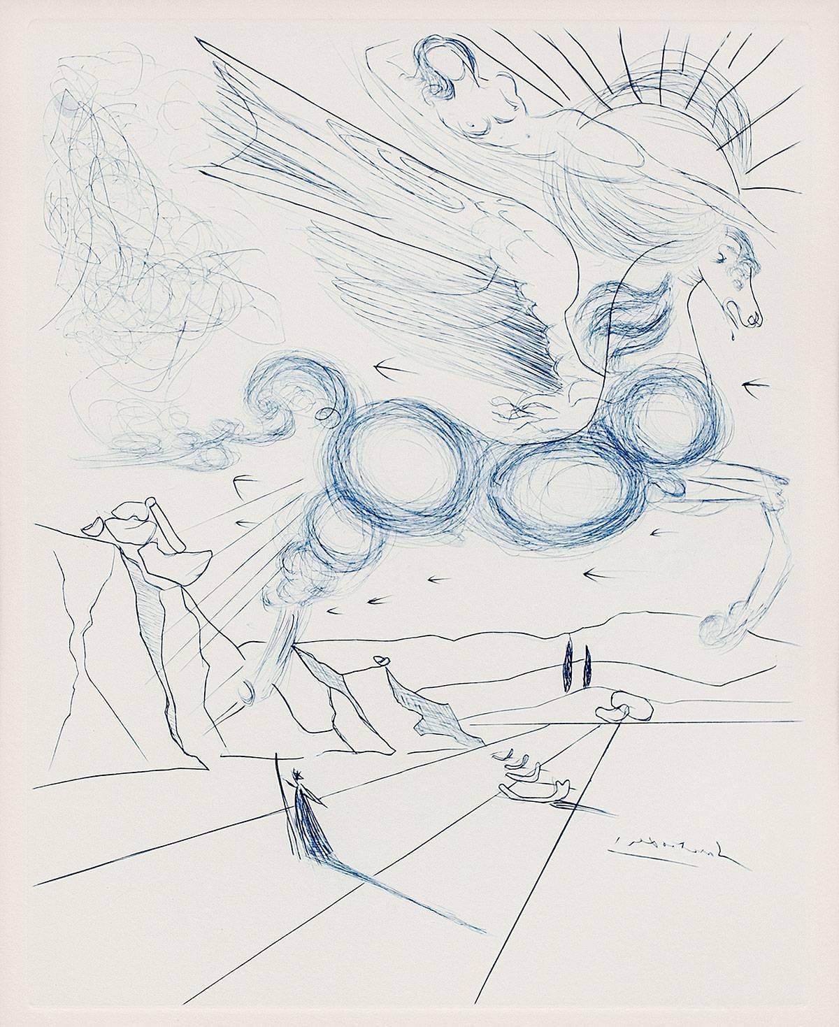 Salvador Dali Pegasus in Flight with Angel, Surrealist Horse Etching - Print by Salvador Dalí