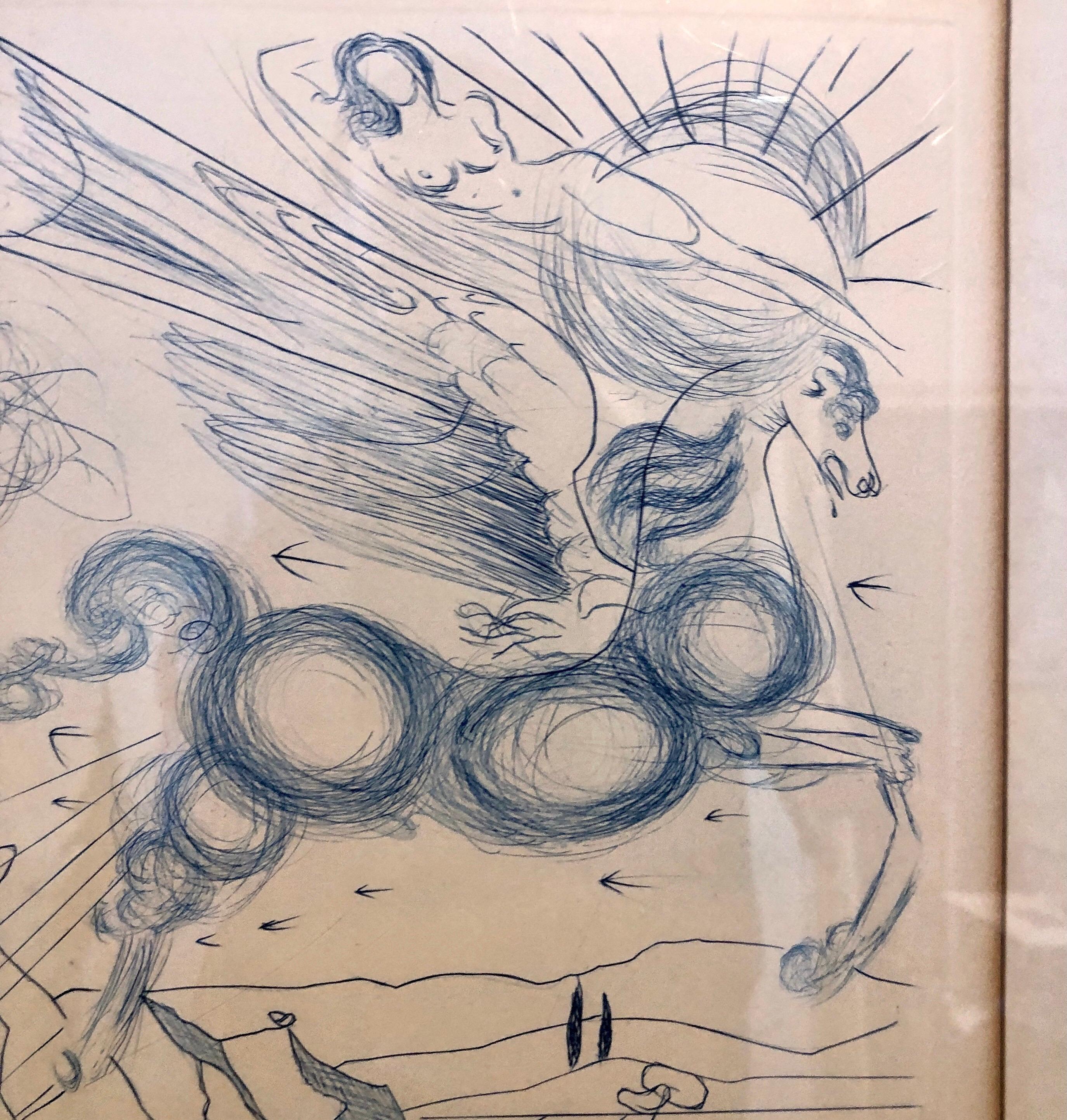 Salvador Dali Pegasus in Flight with Angel, Surrealist Horse Etching - Beige Figurative Print by Salvador Dalí
