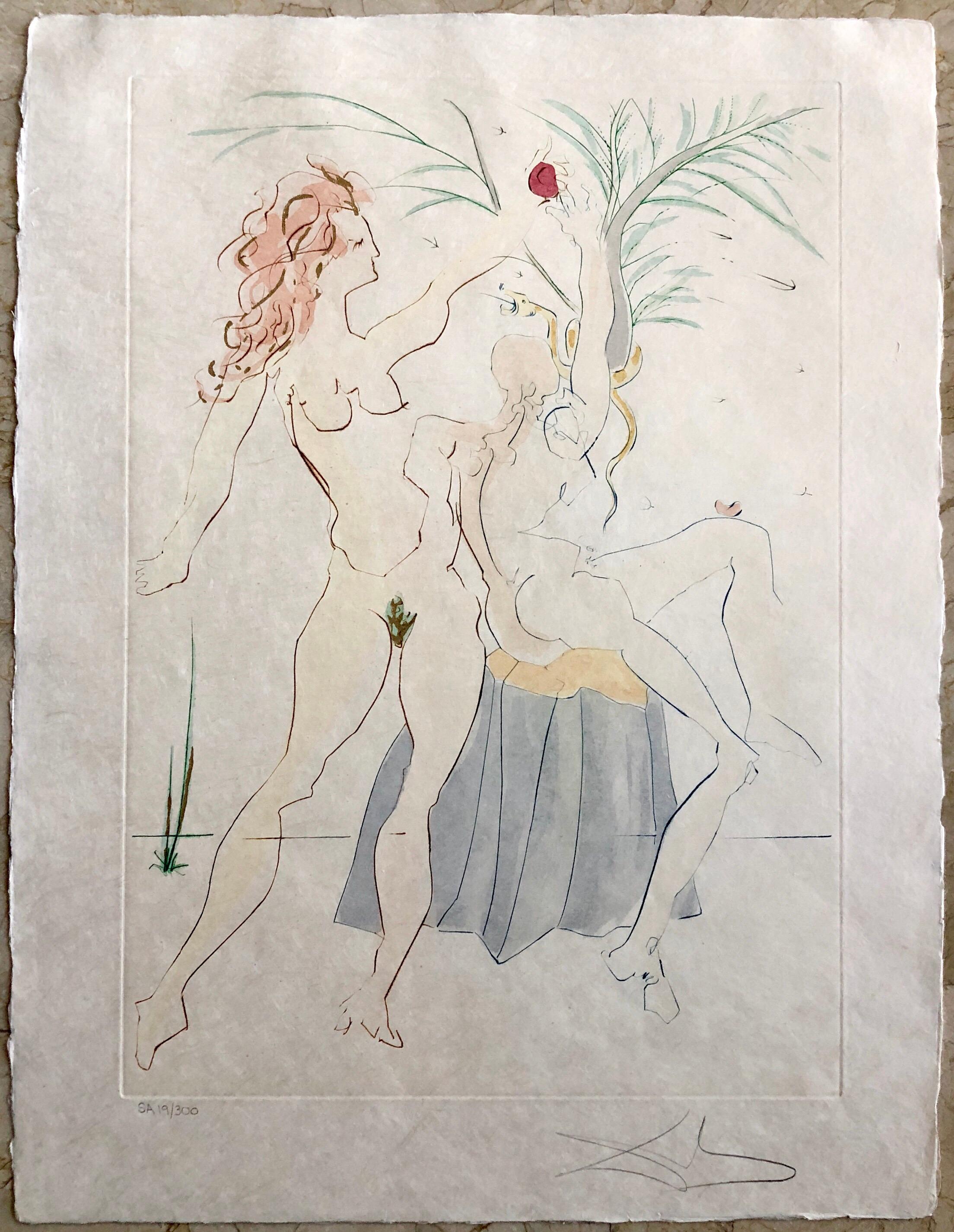 Salvador Dali Pochoir Etching Engraving Adam & Eve Japon Paper Gold Embellished - Surrealist Print by Salvador Dalí