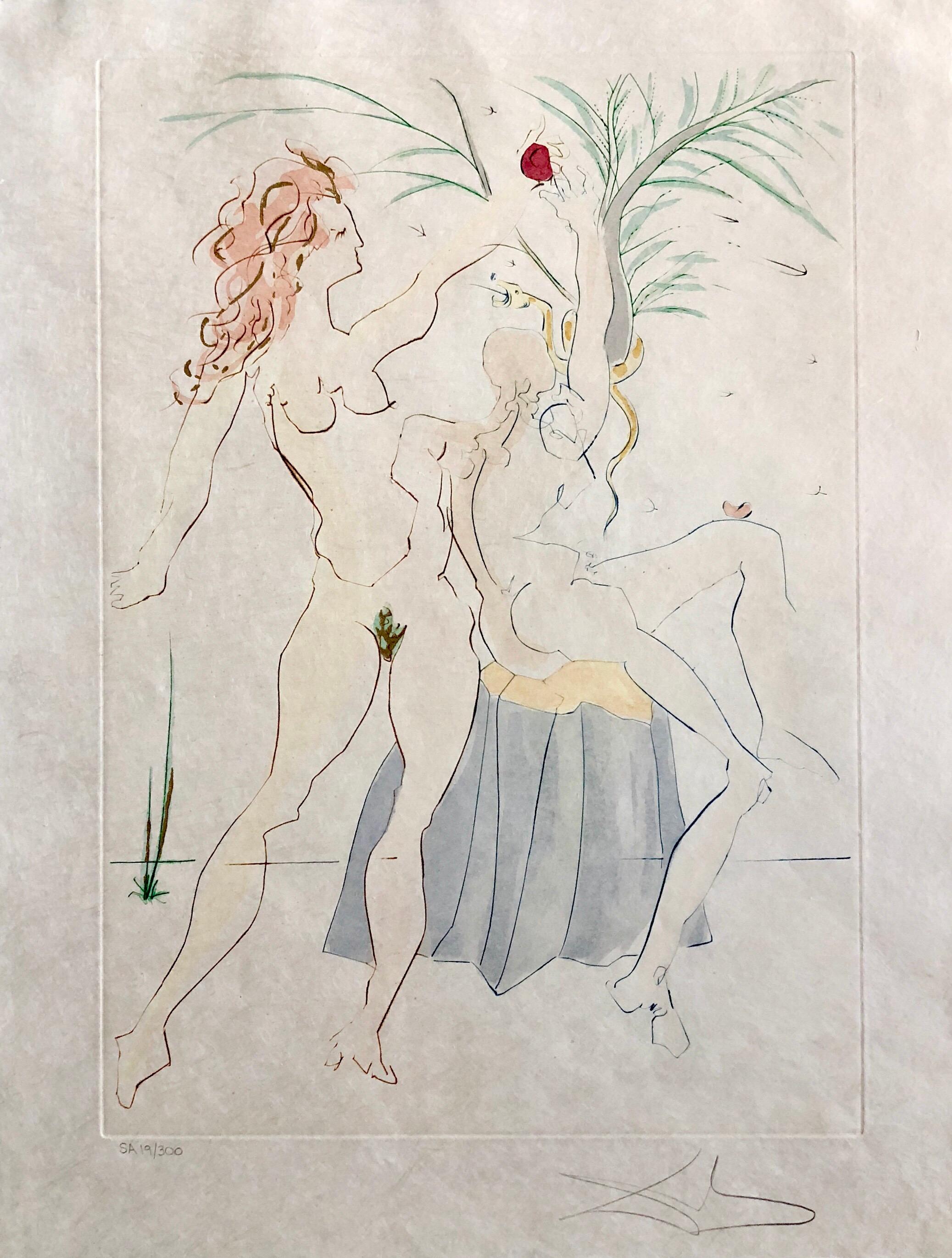 Salvador Dalí Figurative Print - Salvador Dali Pochoir Etching Engraving Adam & Eve Japon Paper Gold Embellished