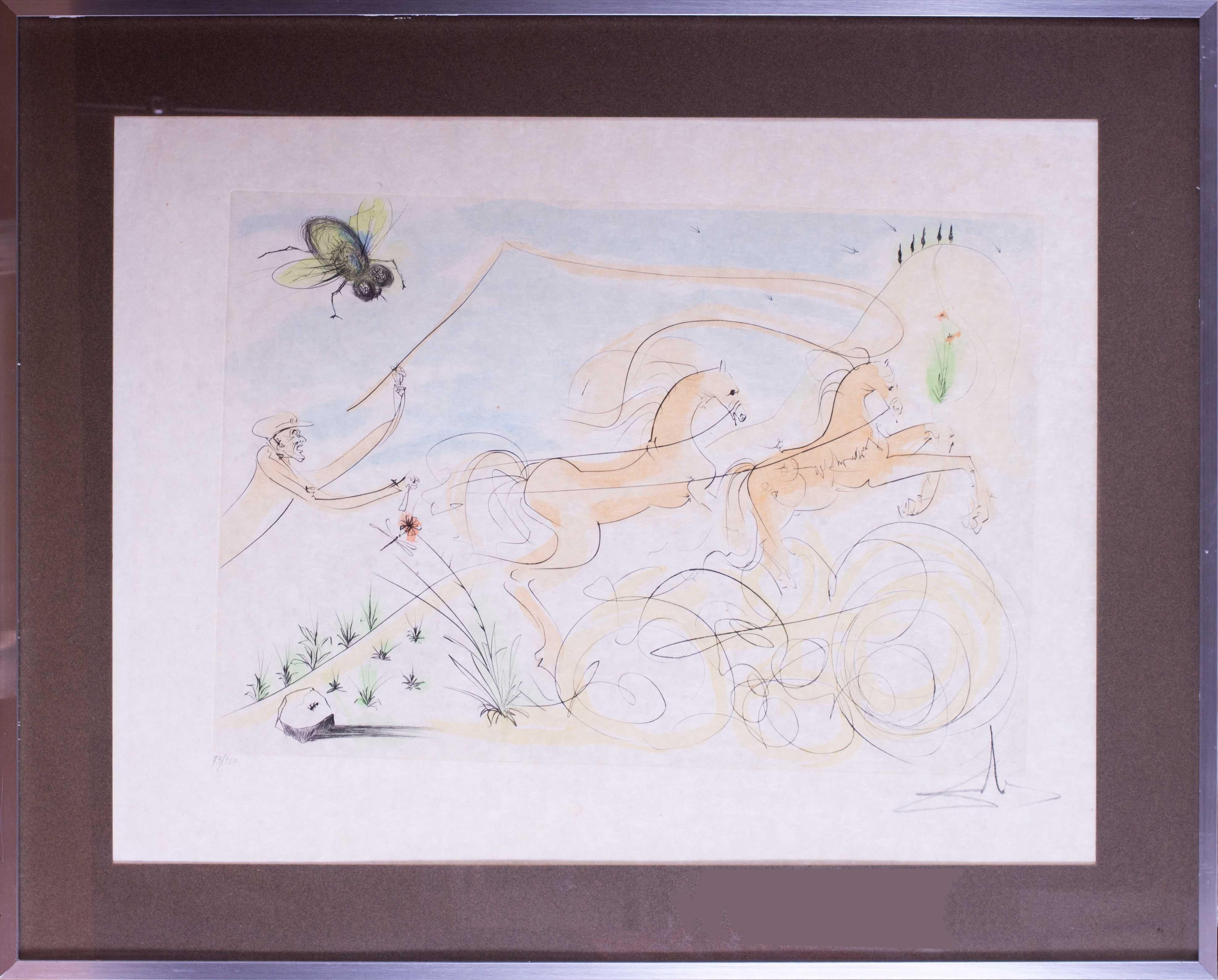 Salvador Dalí Figurative Print – Salvador Dali, signierte und nummerierte Kaltnadelradierungsradierung, Les Coche et la Mouch, 1974