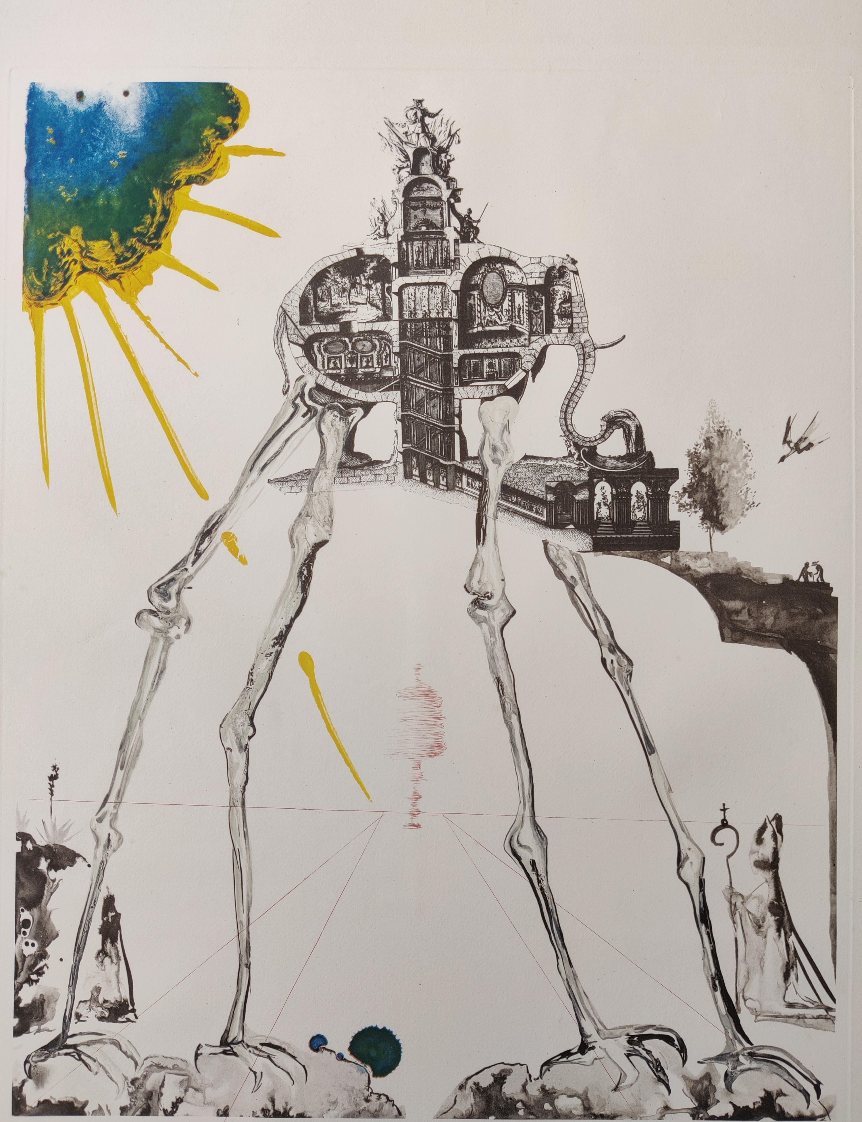 Salvador Dali  
Éléphant de l'espace, extrait de Mémoires du surréalisme, 1971
Lithographie avec gravure en couleurs sur papier Arches
Signé à la main en bas à droite
Numéroté F 16/175
Champ de référence 71-15 D
