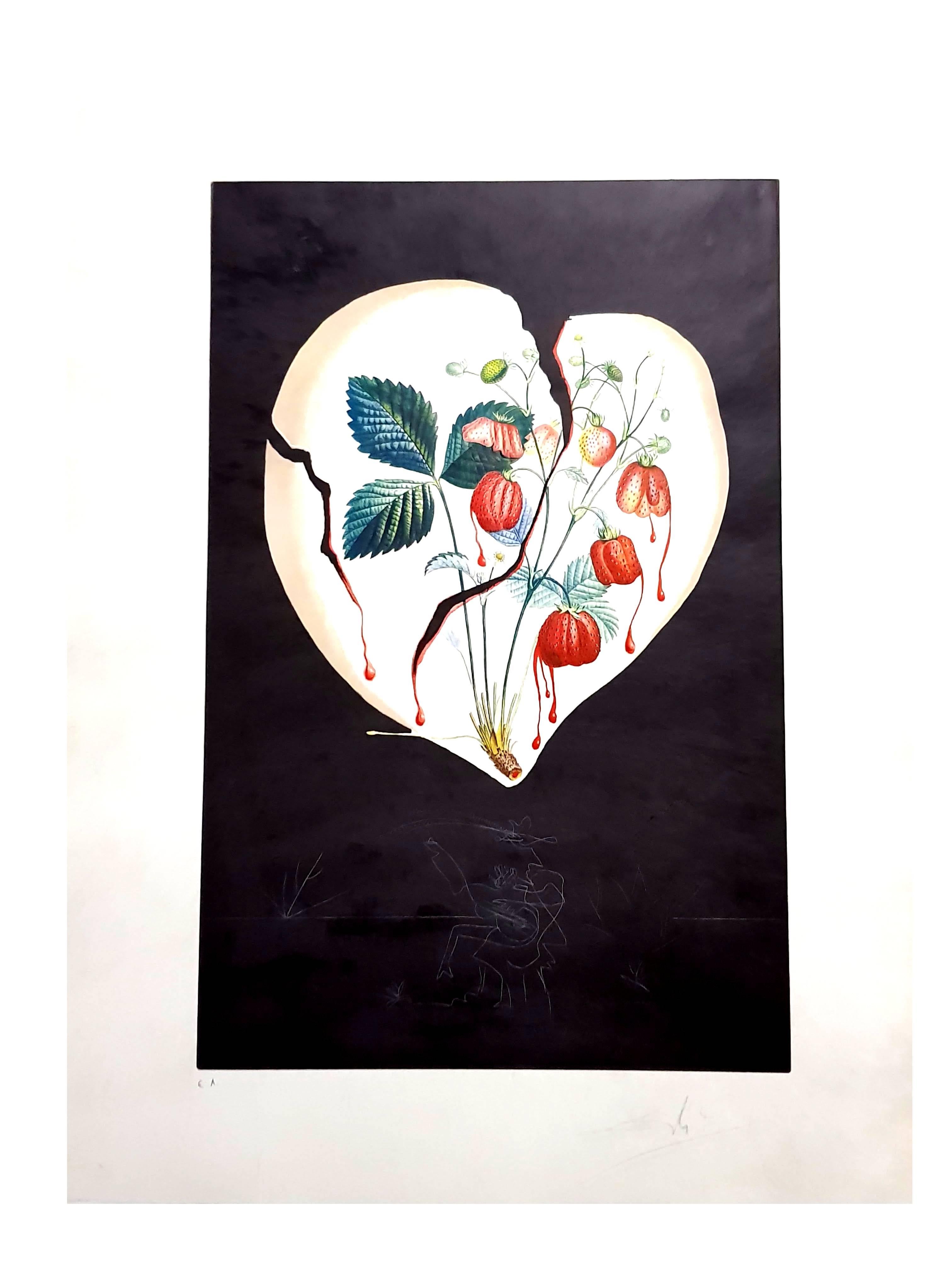 Salvador Dali - Cœur de fraise - Lithographie originale signée à la main