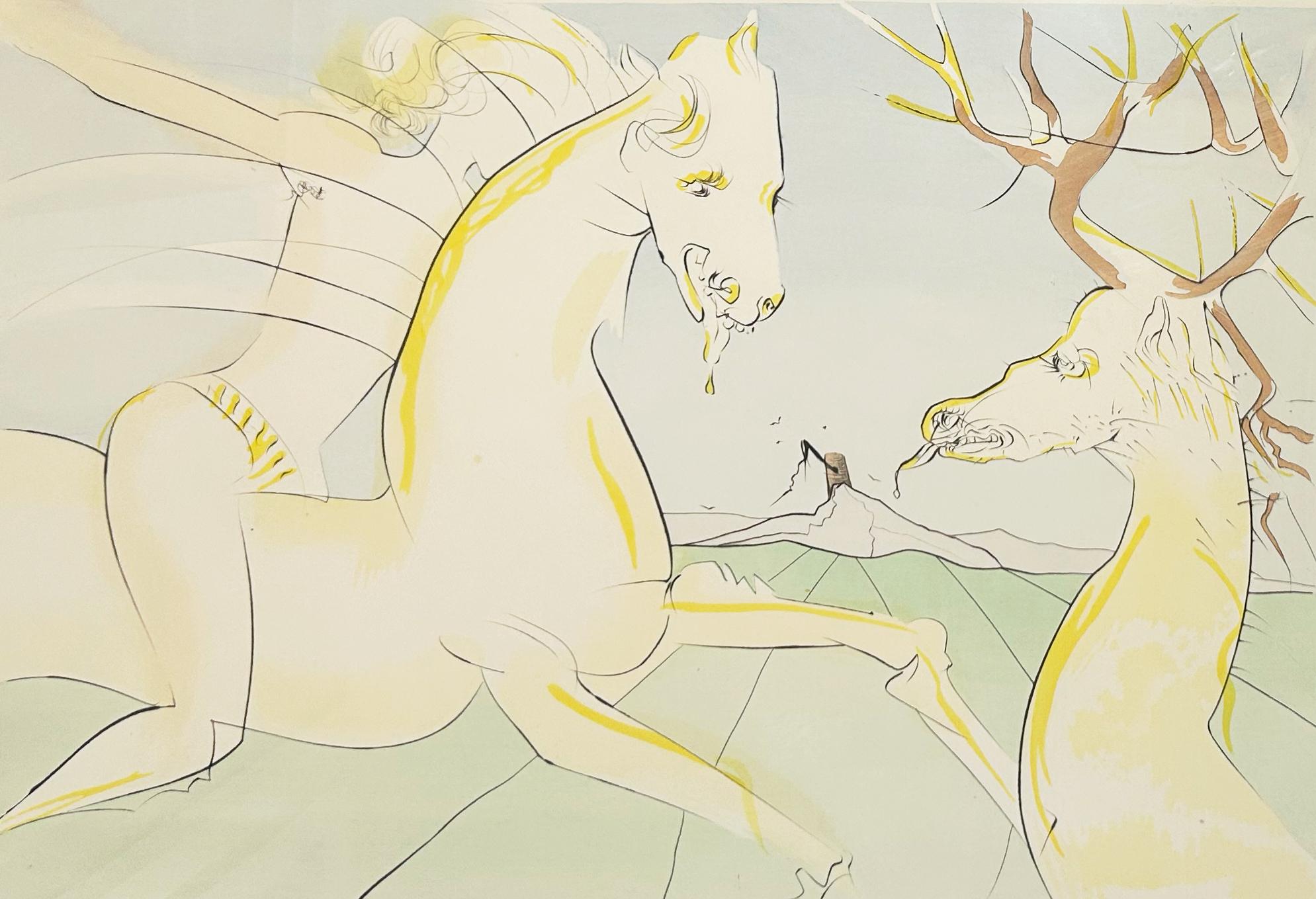 Salvador Dali Surrealist Etching, Signed, 1974, Le Cavalier et le Cerf