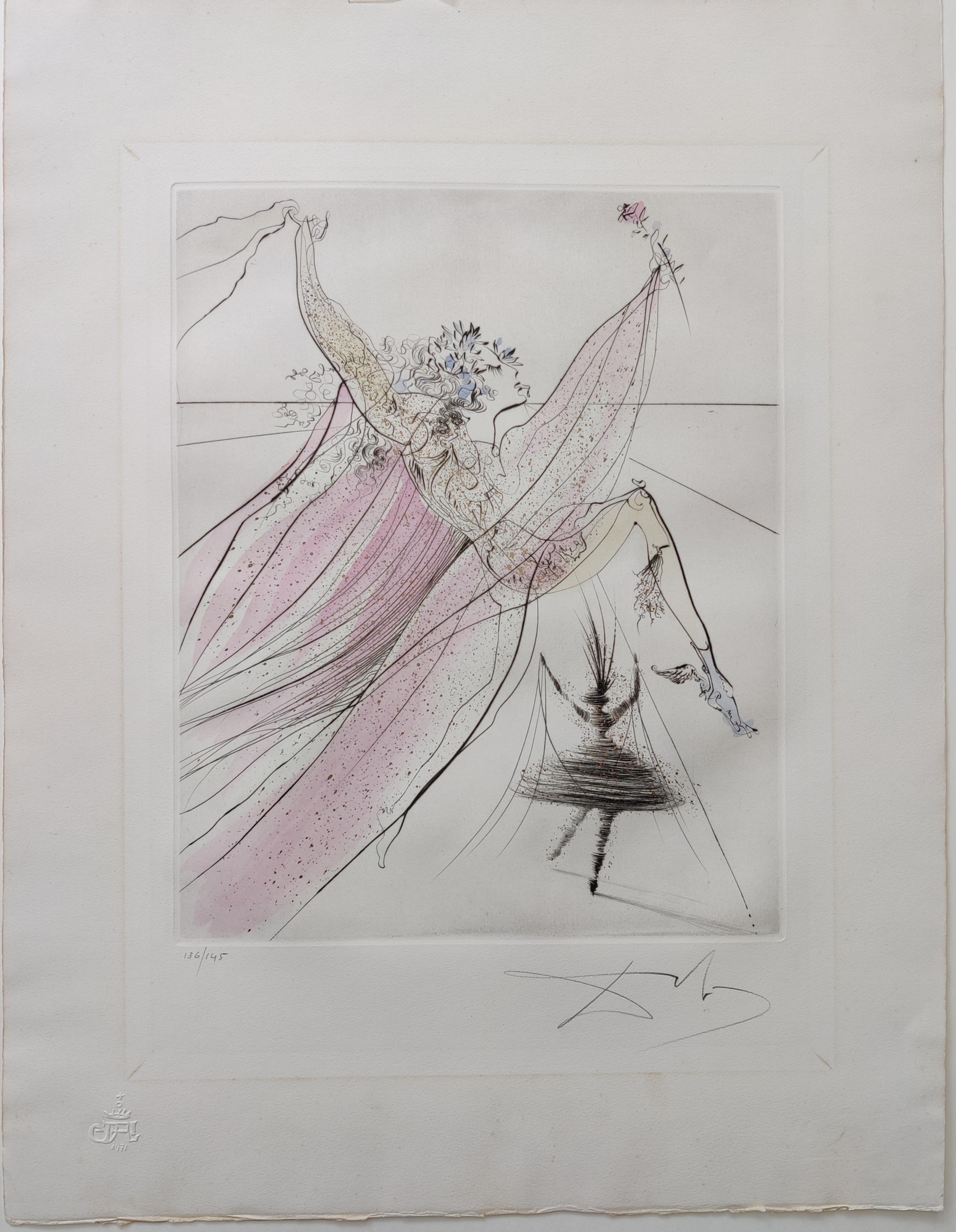 Salvador Dalí 
Terpsichore, da Les Muses, 1971
Incisione
Firmato a mano in basso a destra
Numeri: 136 / 145
Dimensioni dell'immagine: 40,5 x 32,5 cm
Dimensioni del foglio: 65,5 x 50,5 cm
Editore: Les Heures Claires
Riferimento M.L.A. 510