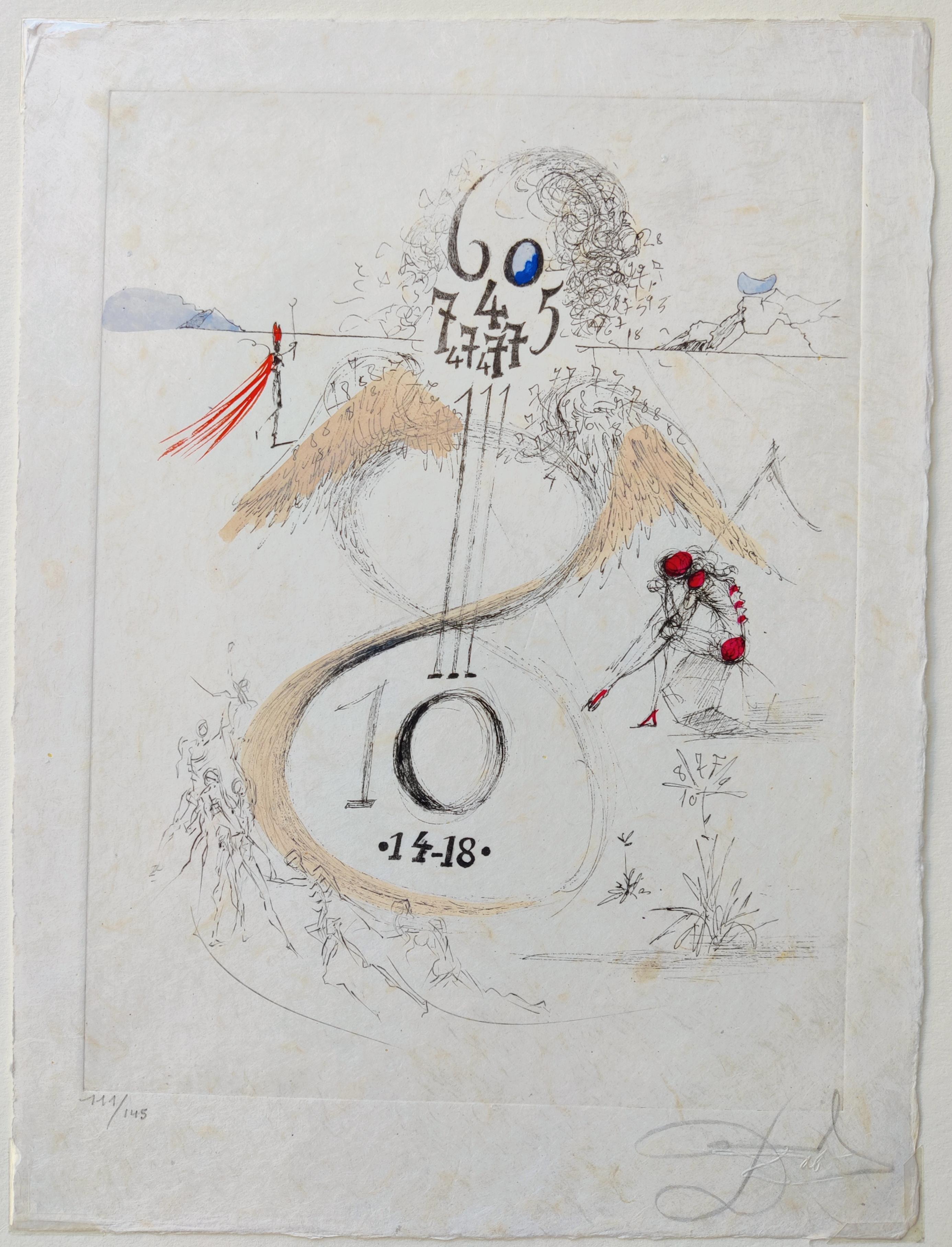 Salvador Dali 
The 1914-1918 War  (Guerre de 1914-18) from the "Secret Poems by Apollinaire" suite, 1967
Hand-colored drypoint etching on Dali blind stamp Japon paper 
Signed lower right and numbered lower left "111/145"
Sheet size: 15 1/4" x 11