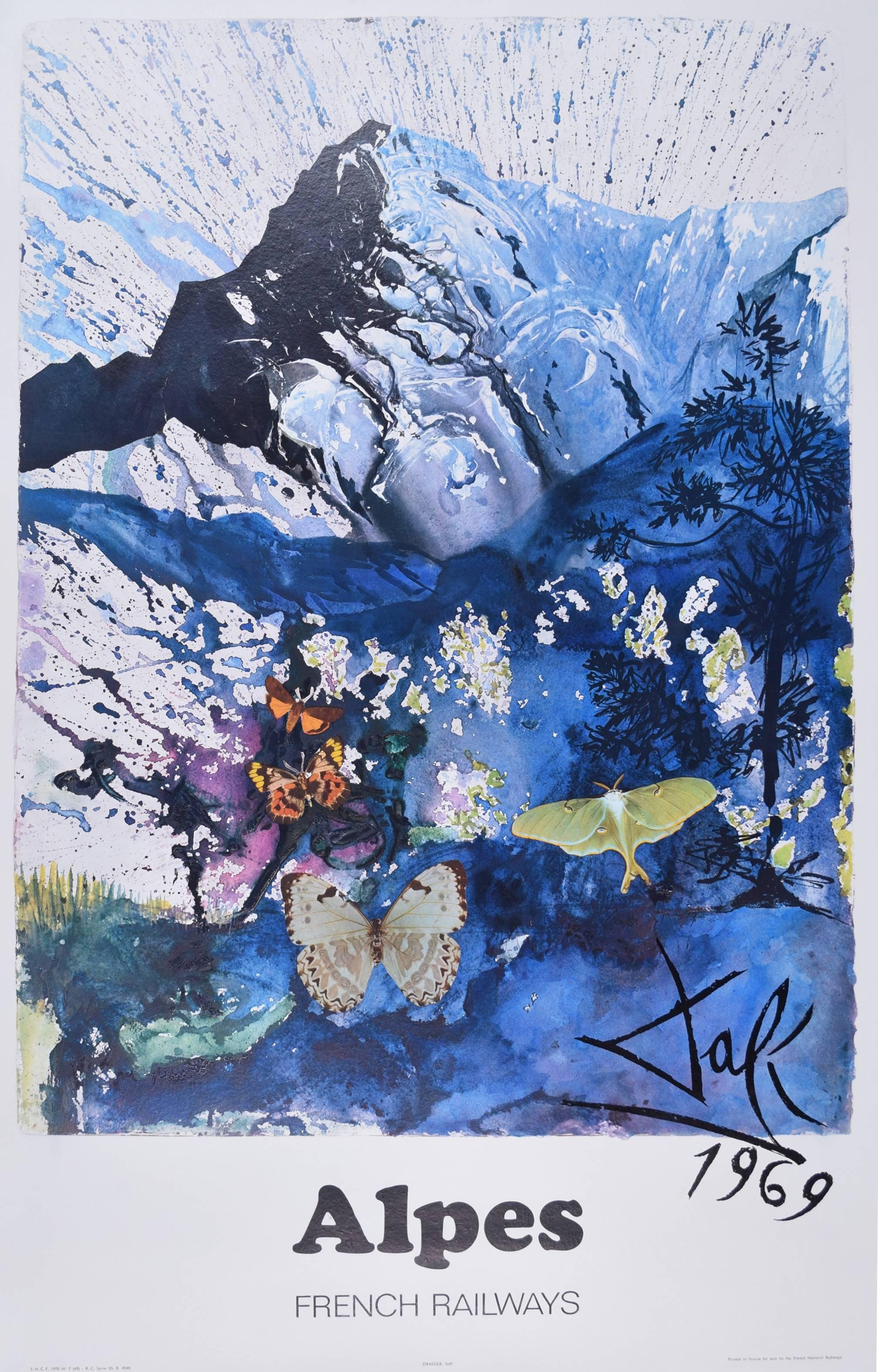 Landscape Print Salvador Dalí - Salvador Dali Les Alpes Skiing original affiche de voyage française SNCF 