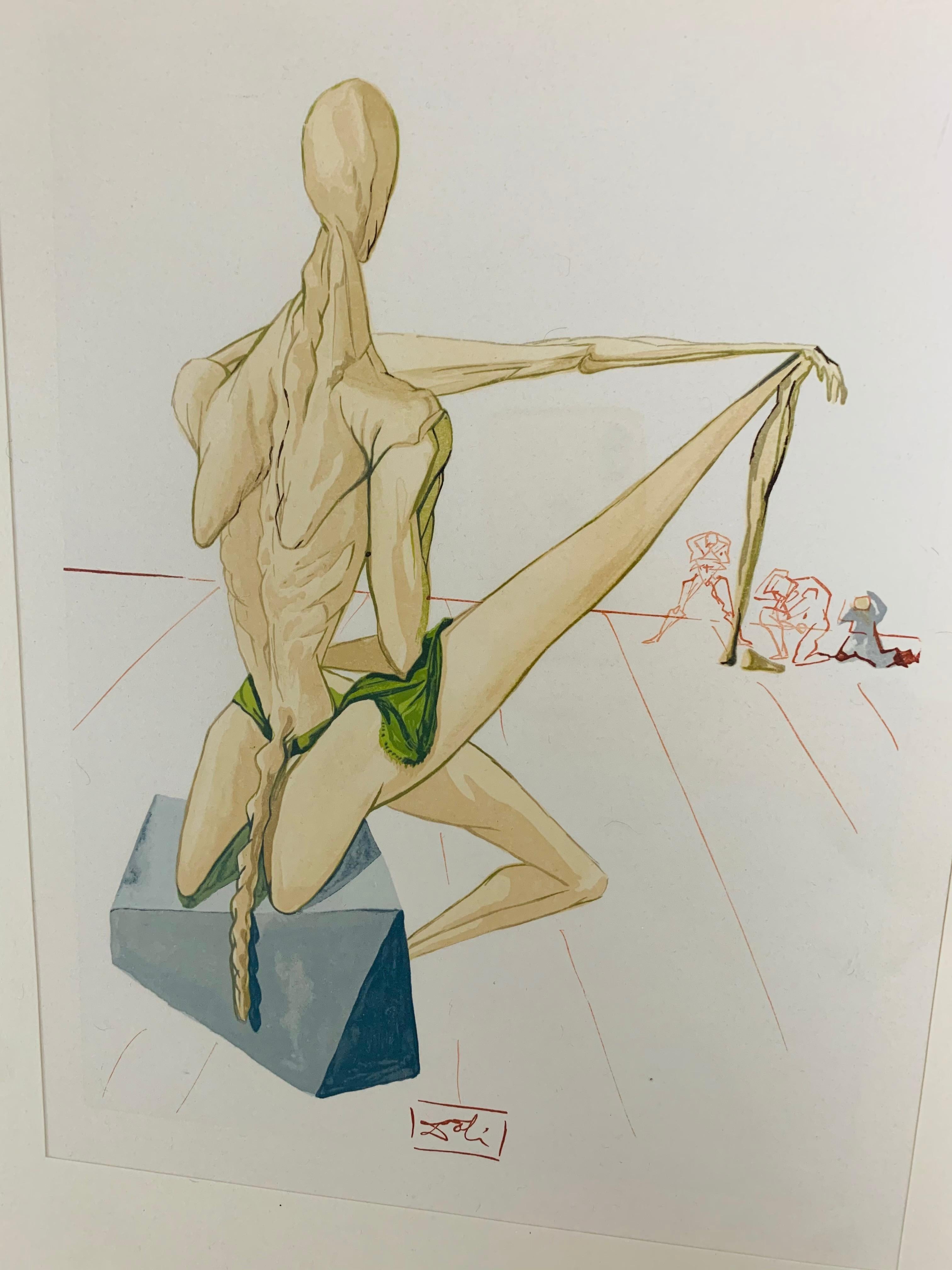 A fine and precious surrealist woodblock prints by Salvador Dali (1904 - 1989) of the acclaimed Dante's Divine Comedy and published by Foret/Les Heures Claires in 1960. The male illustration is inferno canto 5 titled 