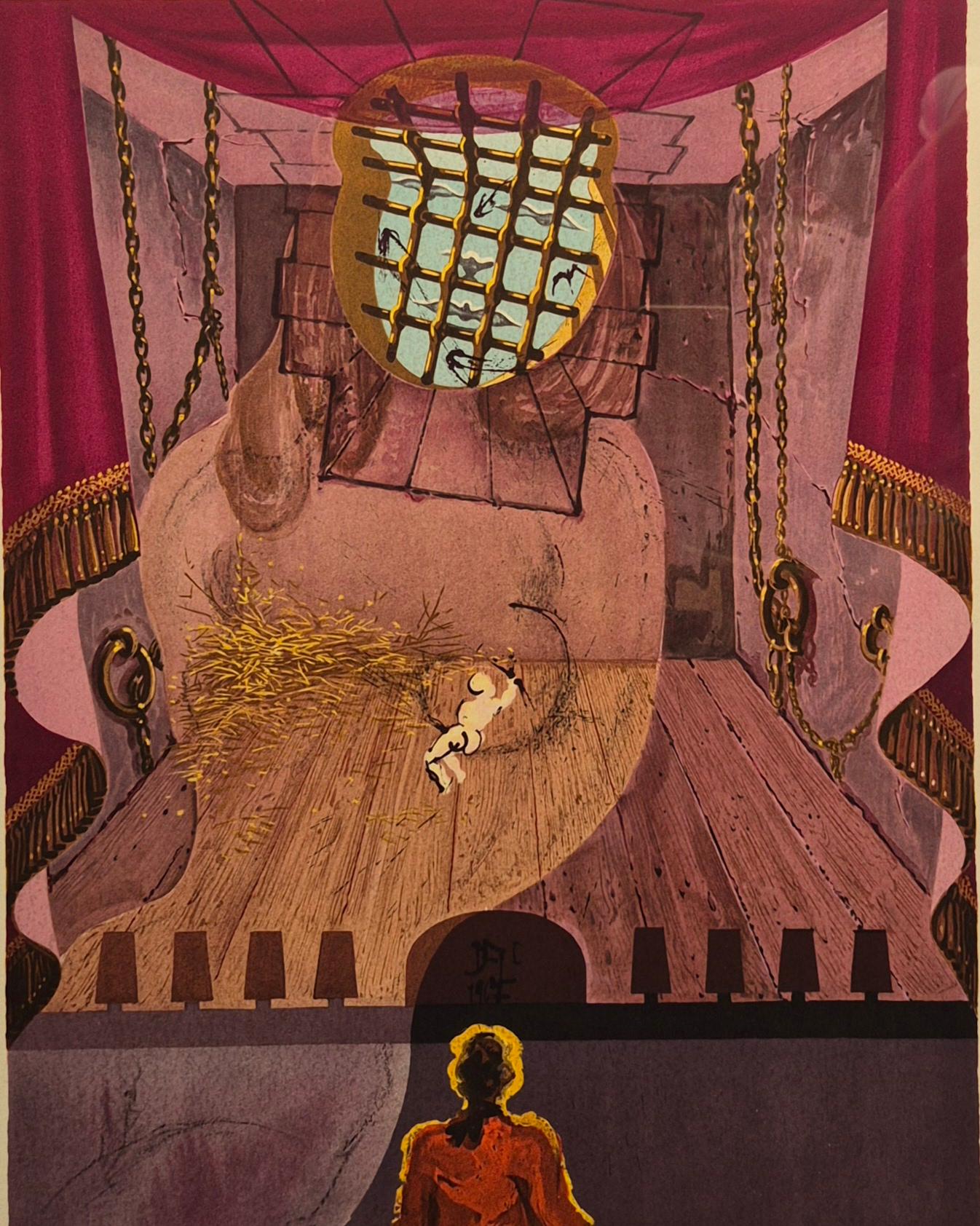 Salvador Dali
The Prison  from Marquis de Sade Suite, 1969
Lithograph 
Edition  XXVI / XC
Hand-signed lower right
Image size: 52.5 X 42.5 cm
Frame size: 75.5 x 62.5 cm
Published by Shorewood Publishers, New York
It is framed with the wood style