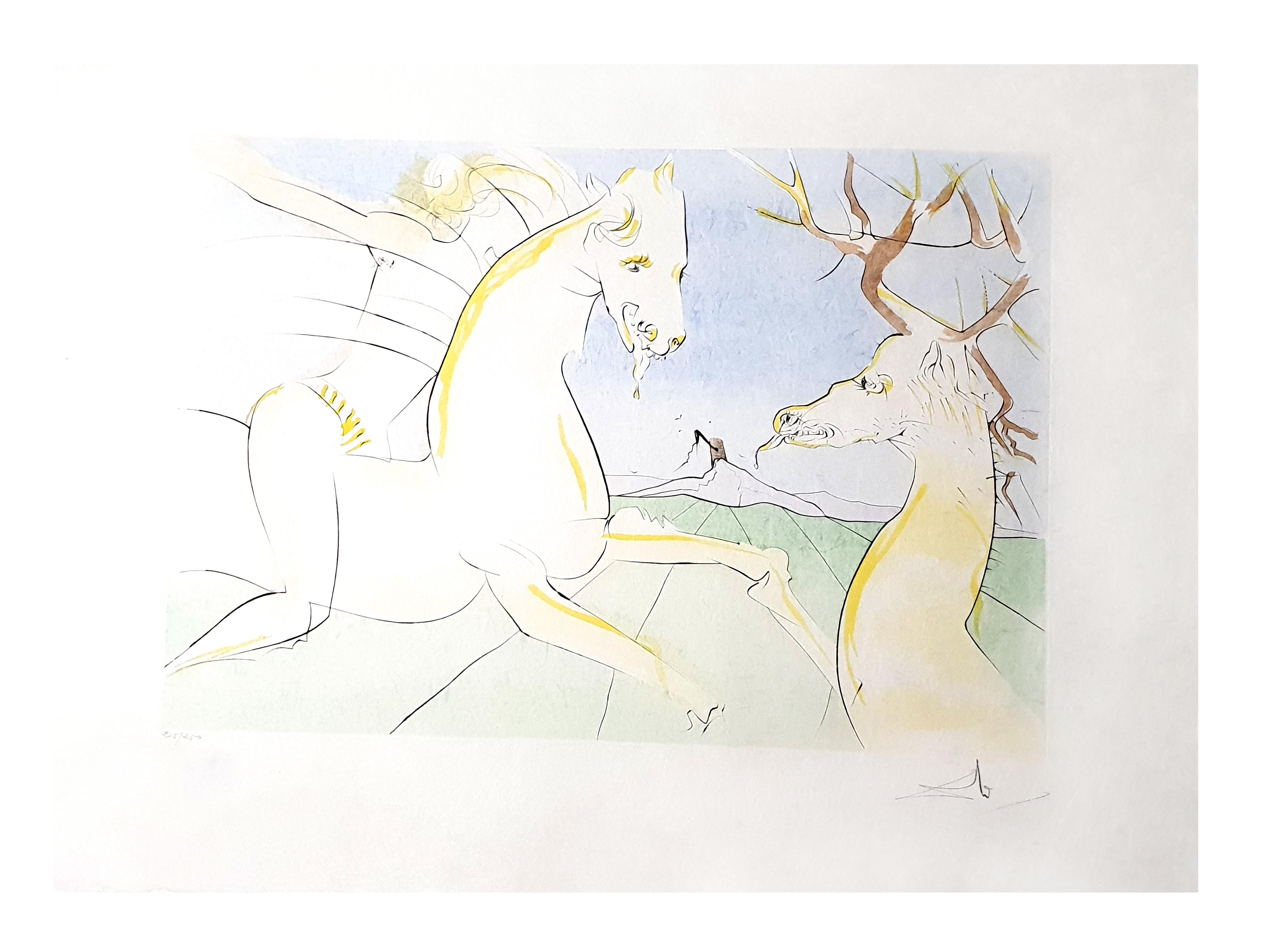 Salvador Dali - The Rider and the Deer - Handsigned Engraving - Beige Animal Print by Salvador Dalí