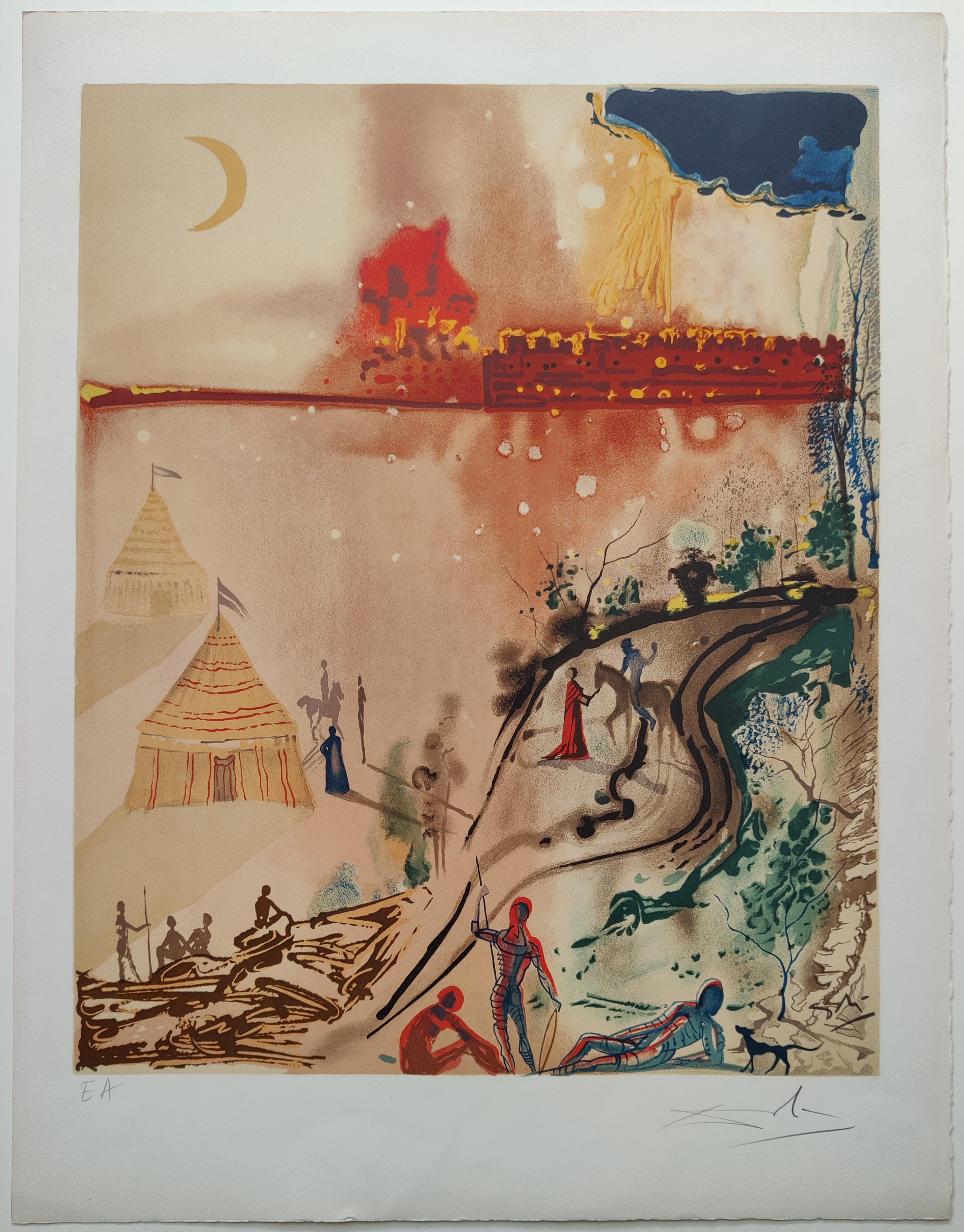 Salvador Dali
Die Belagerung von Jerusalem (Die Ankunft von Dumont) aus dem Marquis de Sade, 1969
Lithographie
Auflage: EA unten links
Handsigniert unten rechts
Bildgröße: 53 x 43 cm
Blattgröße: 65 x 50 cm
Herausgeber:  Shorewood Verlag, New