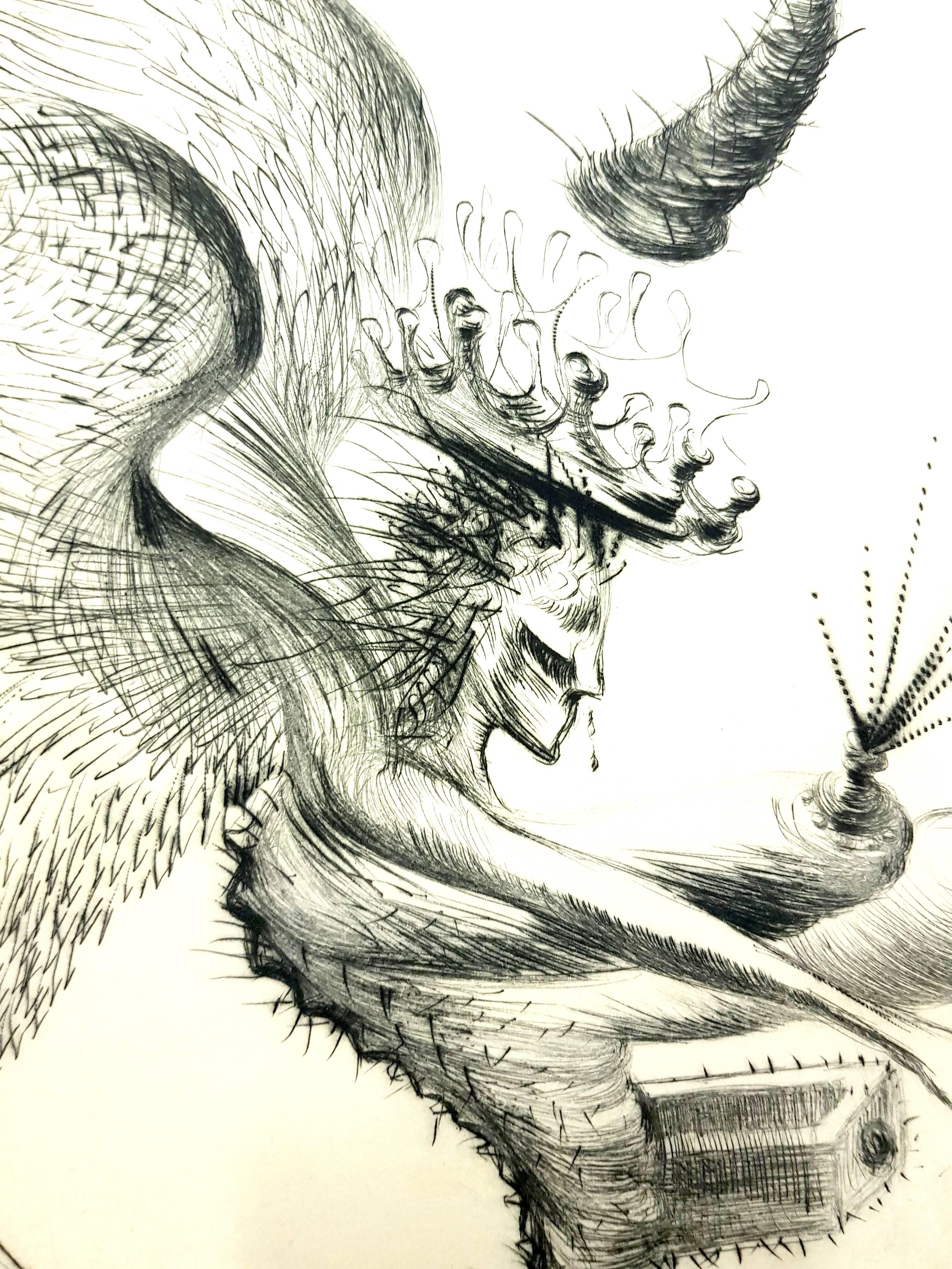 Salvador Dalì - Il demone alato - Acquaforte originale firmata con francobollo - Print di Salvador Dalí