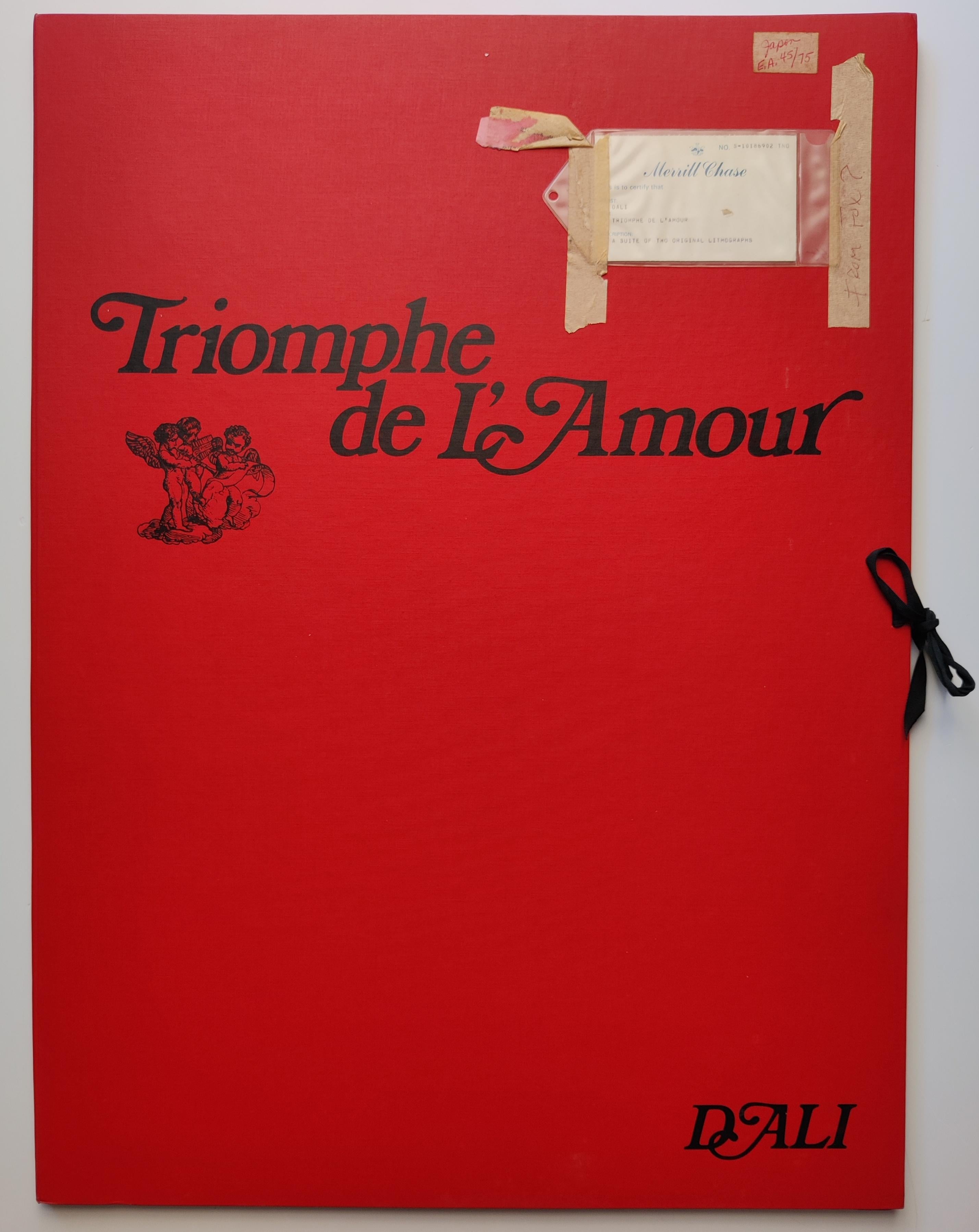 Salvador Dali 
Triomphe de L'Amour  (Triumph of Love), 1977
Suite of 2 cooperative lithographs
Each hand signed
Edition EA 45 / 75
These are on Japon paper and come with the original portfolio, including the 2 inside pages.
Sheet Size: 30