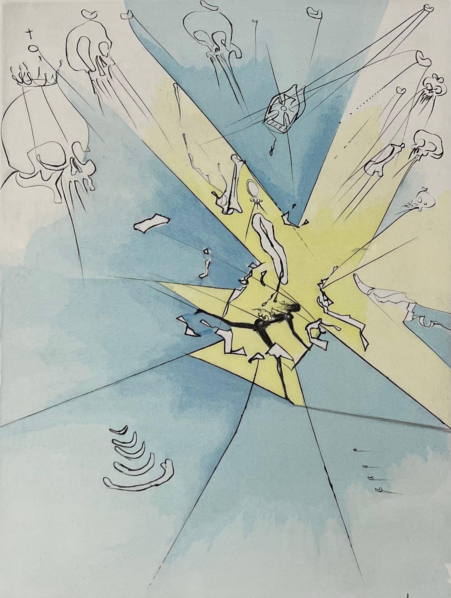 Salvador Dalí 
Un entré fracassant aux U.S.A (Una entrada estremecedora en EE.UU.) de Después de 50 años de surrealismo
Grabado original coloreado a mano, firmado a lápiz
1974
Tamaño de la imagen: 15 3/4 x 11 7/8 pulgadas.
Tamaño del papel: 26 x 19