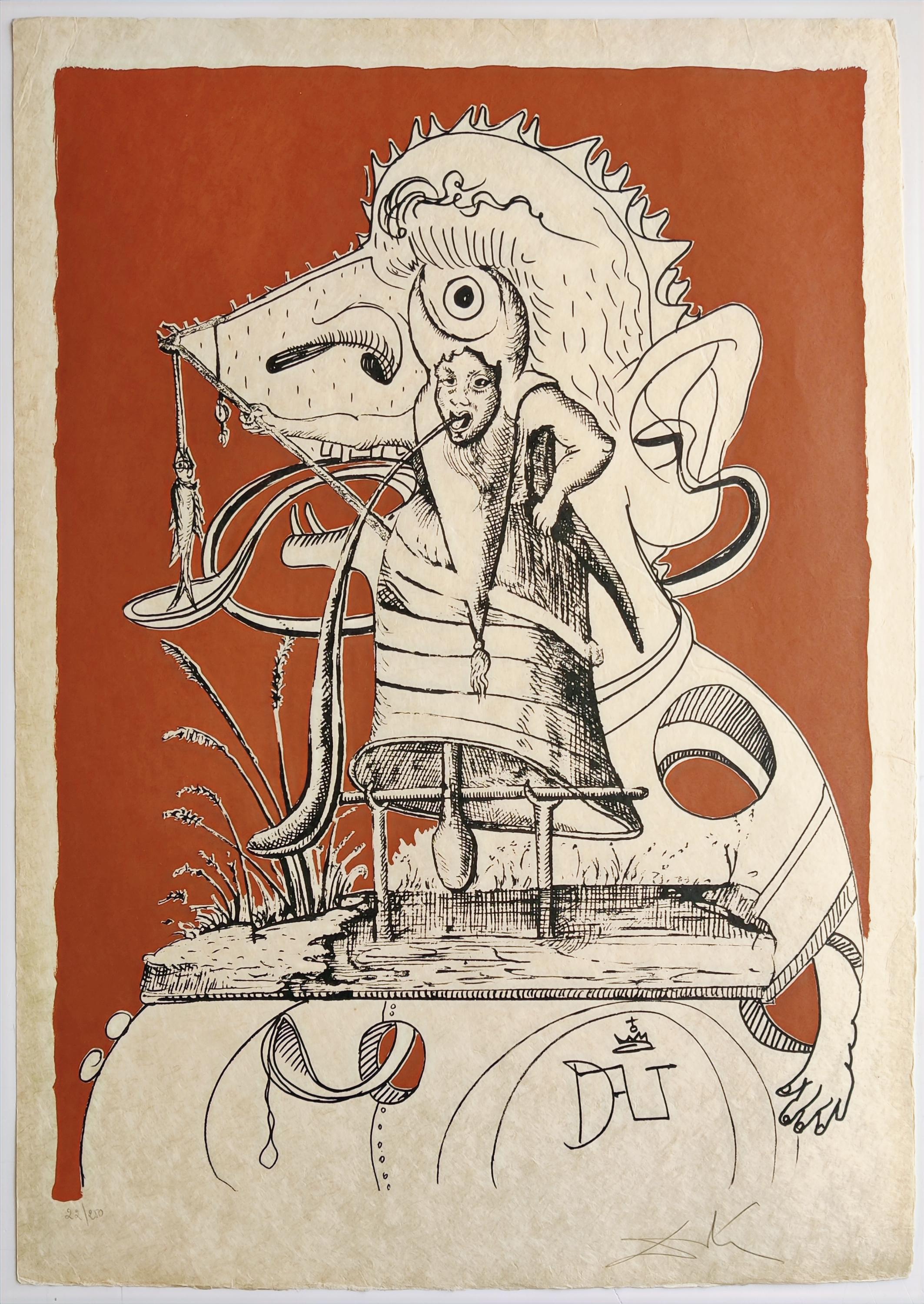 Salvador Dalí­ 
Untitled from Les Songes Drolatiques de Pantagruel, 1973
Lithograph with color backgrounds on japon paper
Hand signed lower right
Numbered 22/250 lower left
Image size: 65 x 48 cm
Sheet size: 76 x 54 cm
Publisher: Carpentier.
Printed
