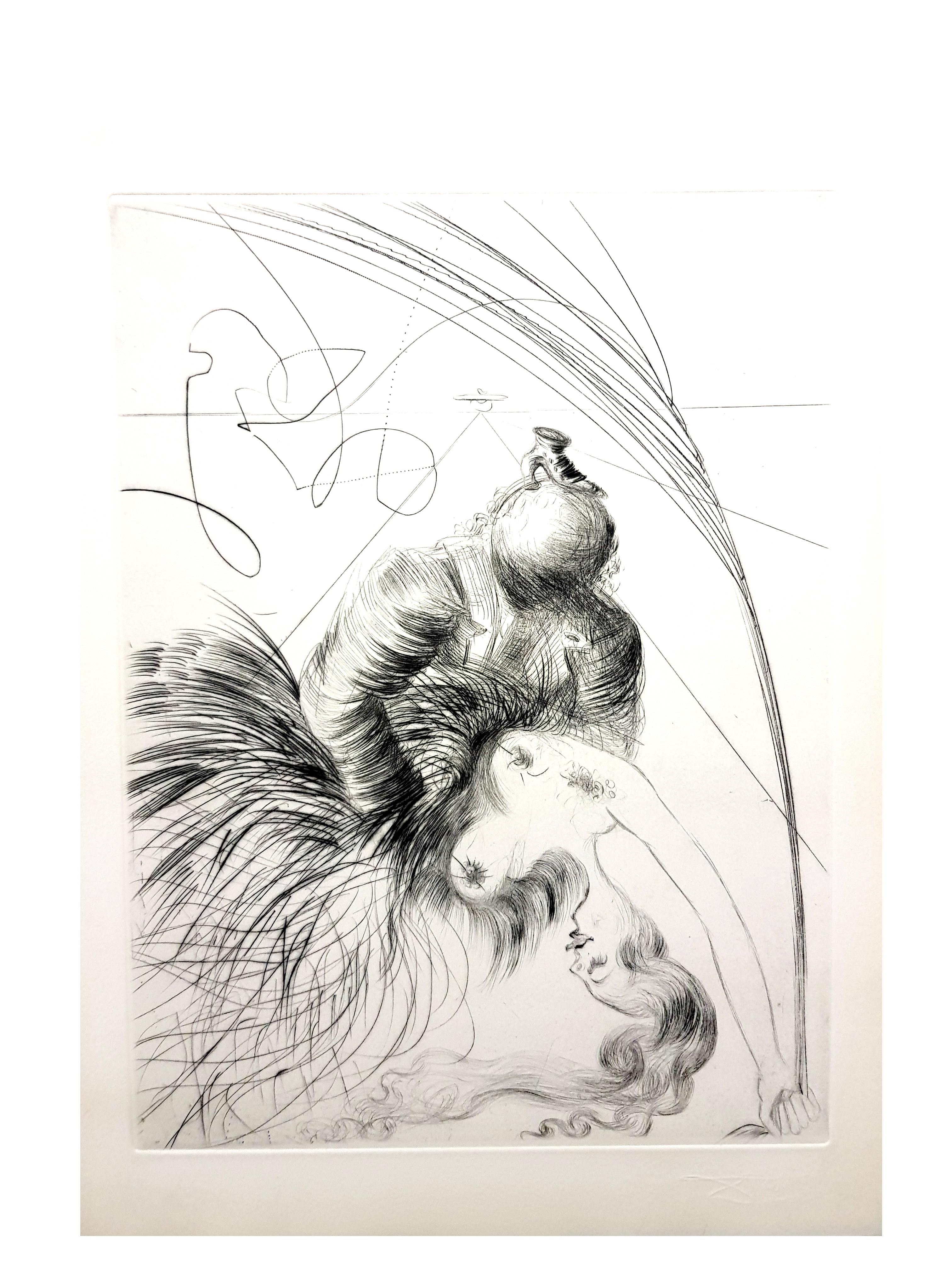 Salvador Dali - Die Frau mit dem Schuh - Original Stempel-Signierte Radierung
Von Dali signierter Stempel
Auflage von 294 Exemplaren. 
Papier : Pergamentbogen. 
Abmessungen: 16x12